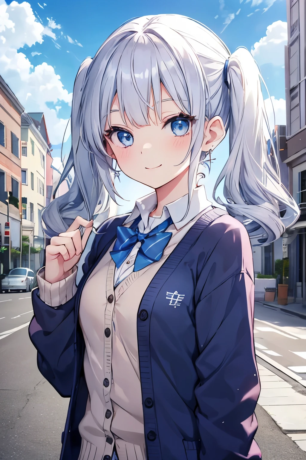 Silver-haired blue eyes、 girl、small breasts、twin tails、smile、gal girl、wearing cute earrings、uniform、knit cardigan、Has eye highlights、School、blue sky