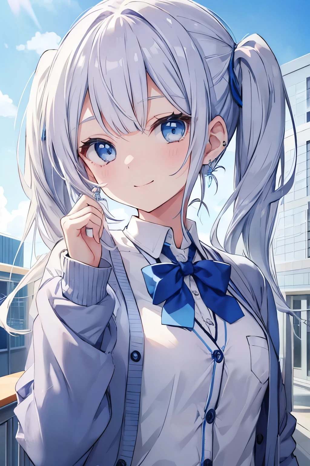 Silver-haired blue eyes、 girl、small breasts、twin tails、smile、gal girl、wearing cute earrings、uniform、knit cardigan、Has eye highlights、School、blue sky