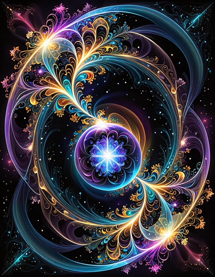 A captivating digital artwork portraying a mesmerizing fractal universe, where luminous entities dance in a cosmic ballet. The focal point of the piece is a pulsating orb of iridescent hues, emitting a bright light that cascades in vibrant waves. The orb is surrounded by intricate fractal tendrils, spiraling and twisting like celestial tendrils reaching out into the void. The overall atmosphere of the artwork is a fusion of technology and imagination, offering a glimpse into a realm where light and mathematics come together to create otherworldly beauty.