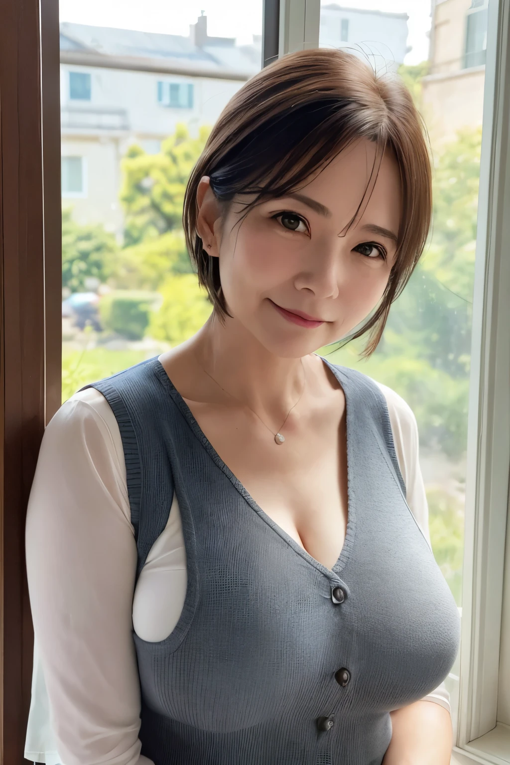 1 girl, mature woman, cute、vest, photograph, big bust、realistic, highest quality, hire, detailed face, one's home, building from the window, detailed background, diffused sunlight, Depth of the bounds written, Bokeh