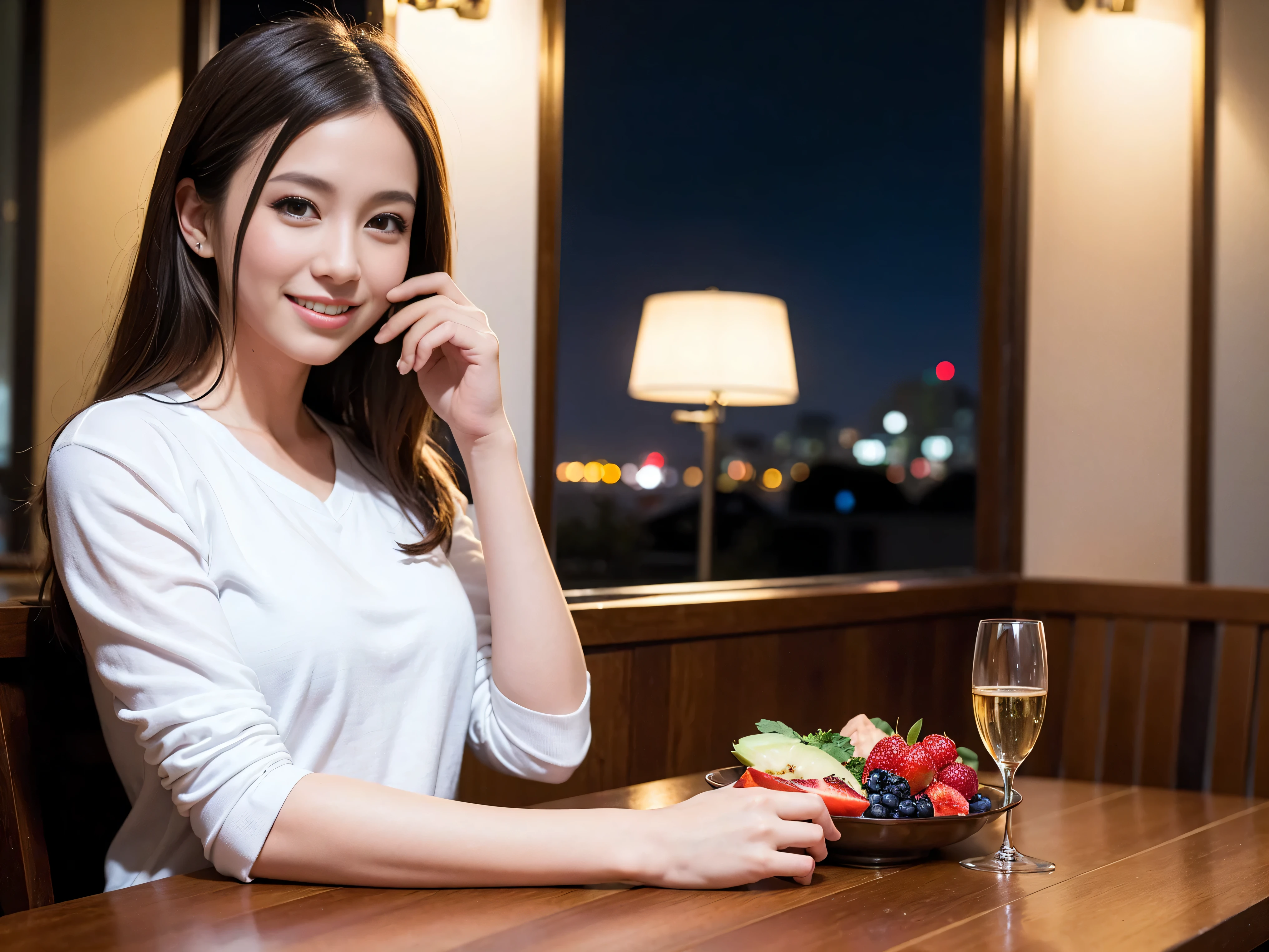 K, UHD, highest quality, masterpiece: 1.2), (realistic, photorealistic: 1.37), Super detailed, slimな美女3名, (slimフェイス),Happy、 最高なsmile、Fox face、Berry Short、(because I&#39;thin), (brown hair), (shortcut), long sleeve shirt、winter fashion、Colombian、Brazilian、Japanese、Dutch、German、Portuguese、Belgian、Italian、French,Champagne、sparkling wine、 (gush out), (slimボティ), (brown hair), (shortcut), neat beauty、cheeks turn a little red, (35 years old), 38 years old, alone, A beautiful and detailed night view spreads out outside the window...., restaurant, wine glassが座っている, At night, in a prominent place (from the Upper body) nova frog style, actress, model, Upper body, White wine, slim, wine glass, Very beautiful night view, wine glass Put in the Middle, Happy smile, (smile: 1.15), 