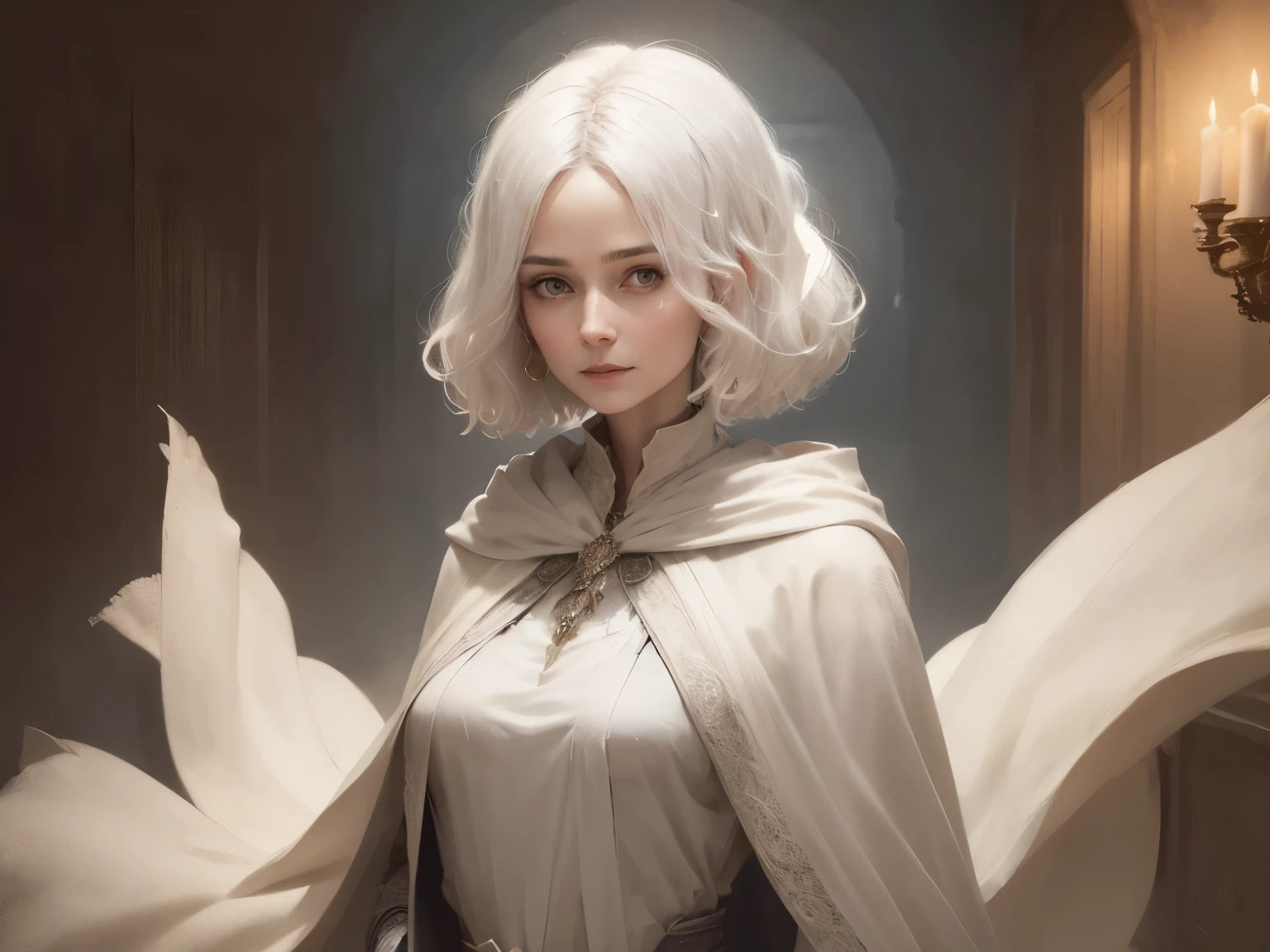 (best quality,highres),white-haired woman with short hair wearing a white cloak,portrait of a mature woman,serene expression,piercing eyes,delicate facial features,vivid colors,fine brushstrokes,studio lighting,soft and ethereal atmosphere,detailed highlights and shadows,realistic rendering,subtle texture in the cloak,impeccable attention to detail,sophisticated pose and composition,graceful and confident posture,hint of mystery and elegance,high contrast lighting,subtle color grading to enhance the overall mood