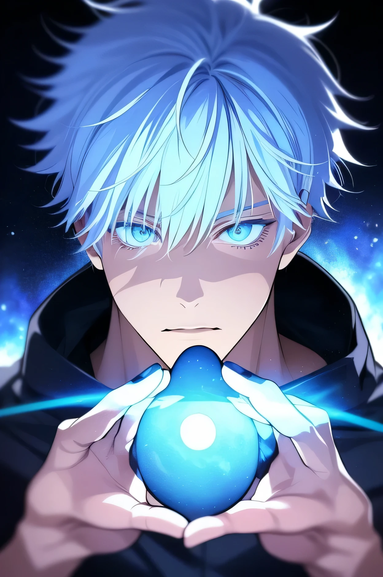 ((high detailing、Cinematic lighting))、messy blue hair、Aquamarine eyes、White lashes、god rays、Ray tracing、drop shadow、optical illusion、The upper part of the body、Looking at the camera、masutepiece、((Super Detail、Best Quality、8K))、Jujutsu Kaisen、Gojo Gojo、Black attire、Surgical unfolding、Perfect jet black background、serene expressions、powerful being、mystic atmosphere、(Strange moonlight、ominous shadows、 Intense blue aura、 Intense red aura、Symbol of the power that surrounds him、Radiating magical energy、Mystical artifacts、Ether particles、dynamicposes、Epic soundtrack、(((Detailed hand)))、Lunette de soleil, angry, revenge