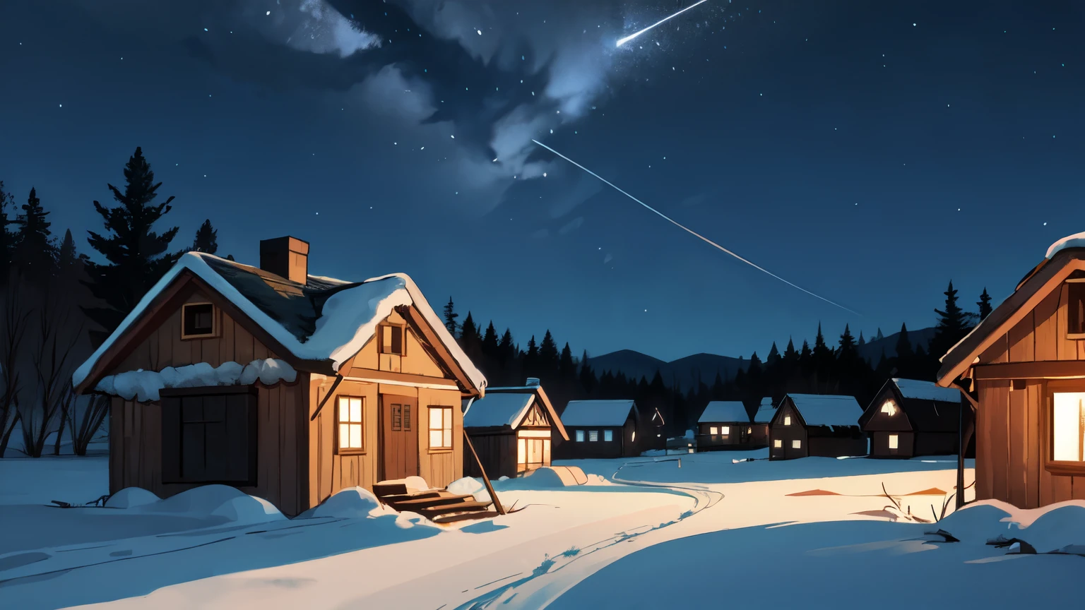 winter, village, the forest, Wooden houses, фентези village, no people, по зади the forest, фентези village, winter forest, night, nightное небо, stars in thr sky, there is no light in the windows, ominous atmosphere