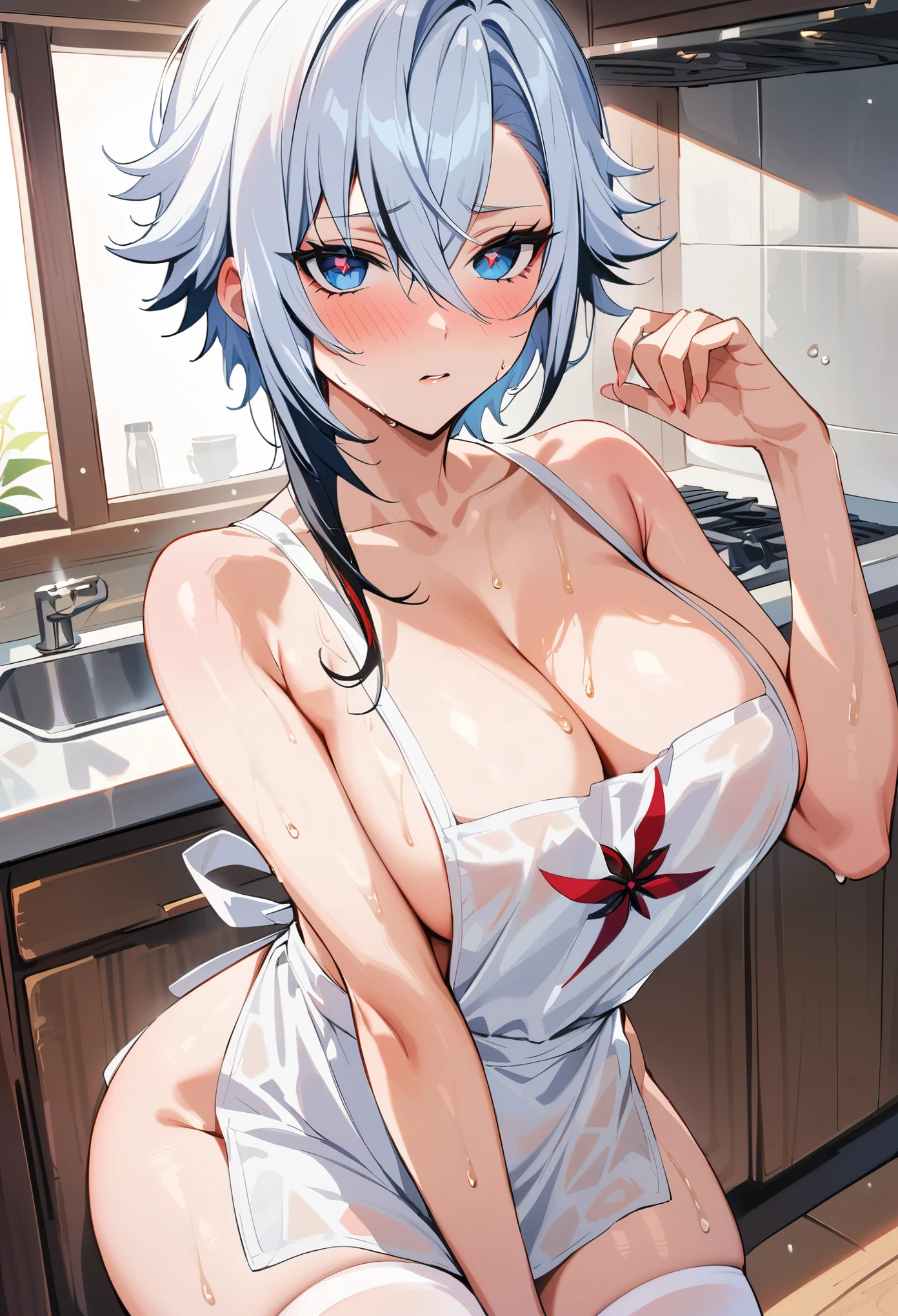 UHD, ccurate, masterpiece, anatomically correct, textured skin, super detail, best quality, 16k, 1080P,SOLO,(1 Female,perfect body,big oppai, white short hair),(blue eyes with red x-shaped pupils:1.9),(wearing A nude apron:1.7)(See-through),(sweating skin:1.7),(Wearing white Silk Stockings:1.7),(Open pose:1.7),(Full blush:1.7),(In kitchen),(Genshin Impact/Arlecchino),[detail face]
