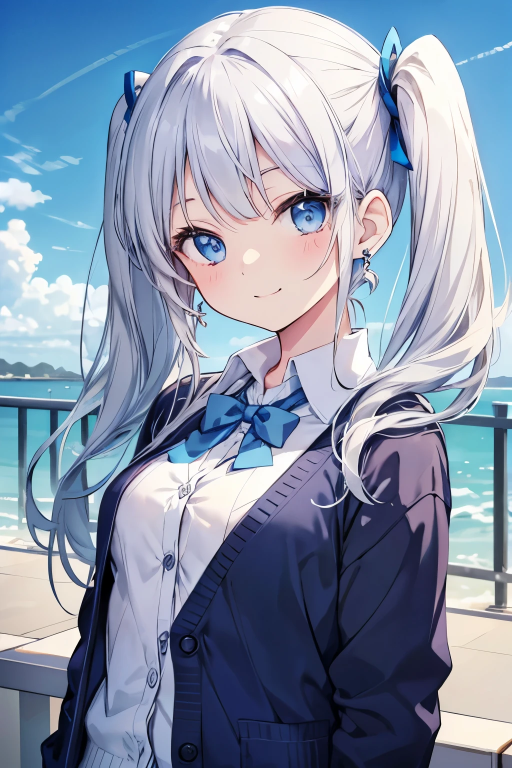 Silver-haired blue eyes、 girl、small breasts、twin tails、smile、gal girl、wearing cute earrings、uniform、knit cardigan、Has eye highlights、School、blue sky