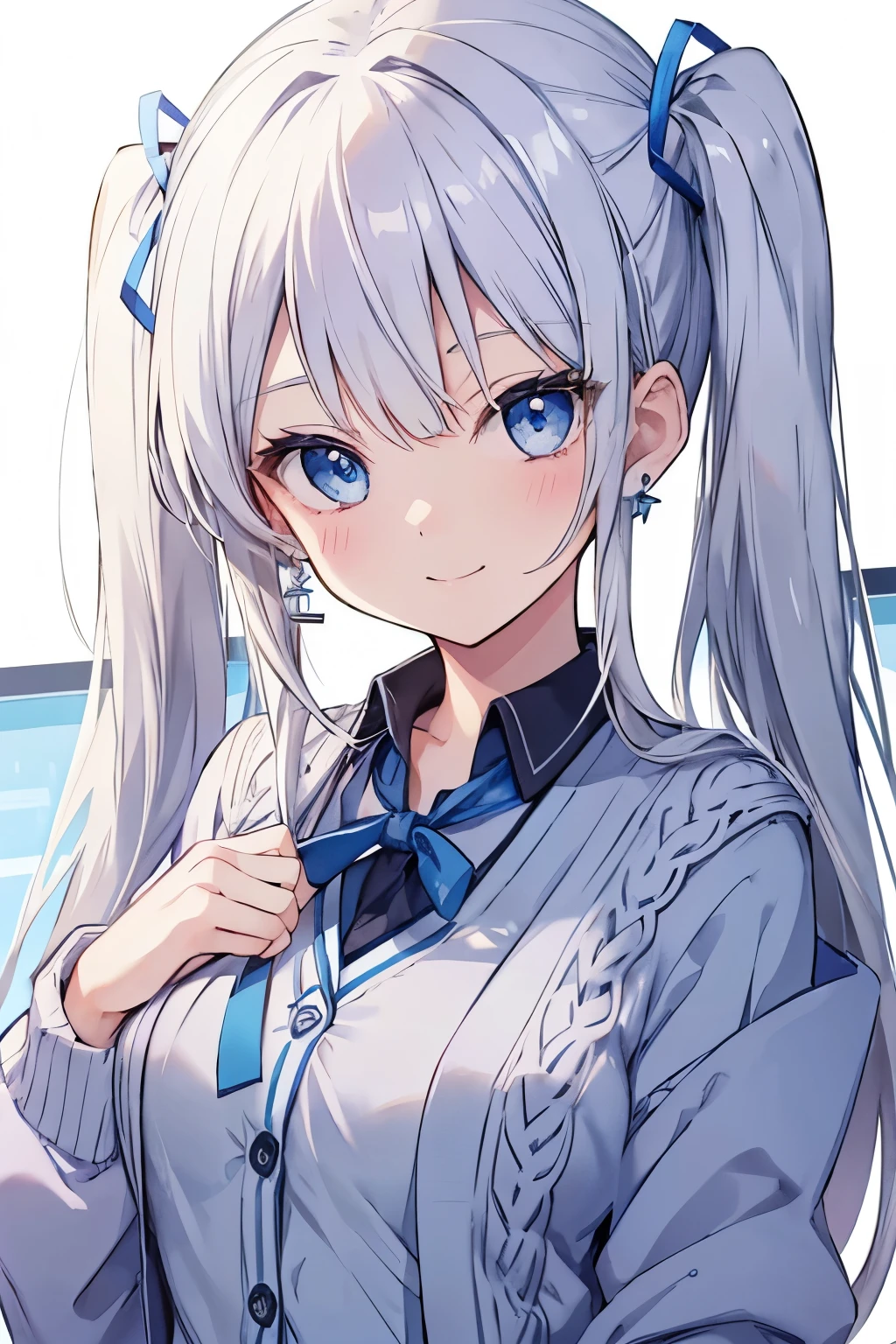 Silver-haired blue eyes、 girl、small breasts、twin tails、smile、gal girl、wearing cute earrings、uniform、knit cardigan、Has eye highlights、School、blue sky