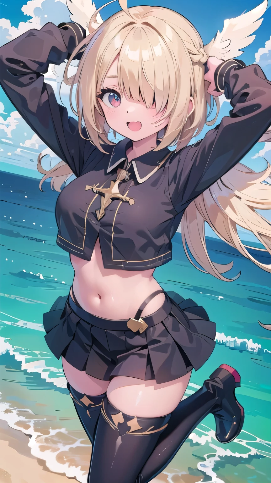 (masterpiece:1.2), (highest quality:1.2), perfect eyes, perfect face, perfect lighting, middle ages, sandy beach, 1 boy,blonde　red eye, ((((((hair over one eye)))))), Braid Styles, spiked hair, blunt bangs, bob hair, a braid, Ahoge, cute eyes, medium breast, glaring, open mouth, ((from above)), ((front)), ((from below)), arms behind back, orgasm, scared, ahegao, smile+happy, fang, Thighhighs, greaves, boots, big breasts,  It&#39;s a bellybutton, Angel&#39;s wing