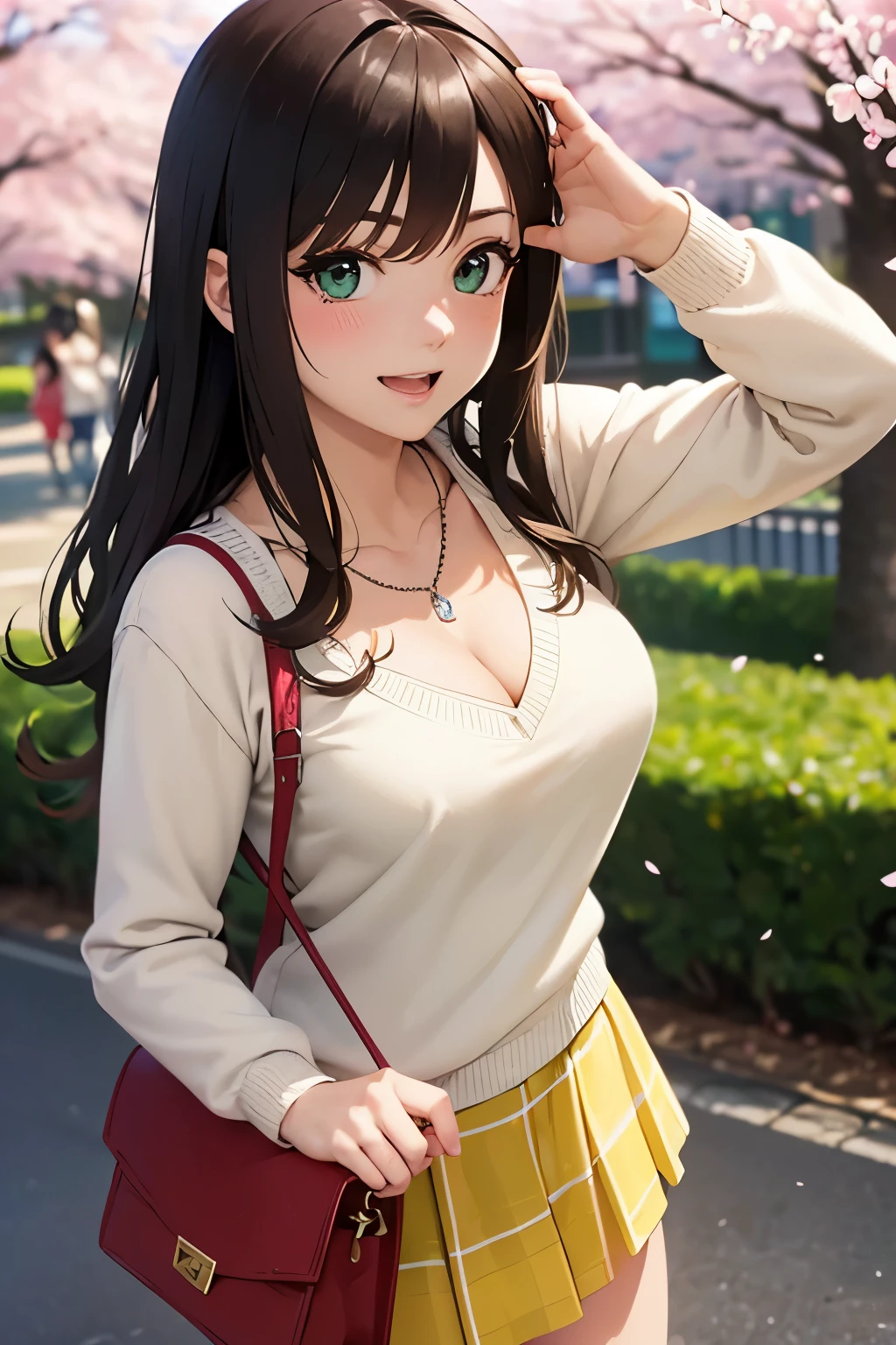 ((masutepiece, Best Quality, hight resolution, nffsw, Perfect Pixel, depth of fields, 4K, nffsw, nffsw))), 1girl in, Single, Solo, Beautiful anime girl, Beautiful Art Style, Anime Character, ((Long hair, Bangs, Brown hair)), ((Green eyes:1.4, rounded eyes, Beautiful eyelashes, Realistic eyes)), ((Detailed face, Blushing:1.2)), ((Smooth texture:0.75, Realistic texture:0.65, Photorealistic:1.1, Anime CG style)), ((medium breasts, cleavage, busty)), Dynamic Angle, Perfect body, ((POV, Selfie Pose, Portrait)), ((White sweater, Long sleeve, Black skirt, plaid skirts, Fashionable, 1 handbag, 1 diamond necklace)), Smile, Open mouth, amusement park, ((The cherry tree, Cherry blossoms fall))