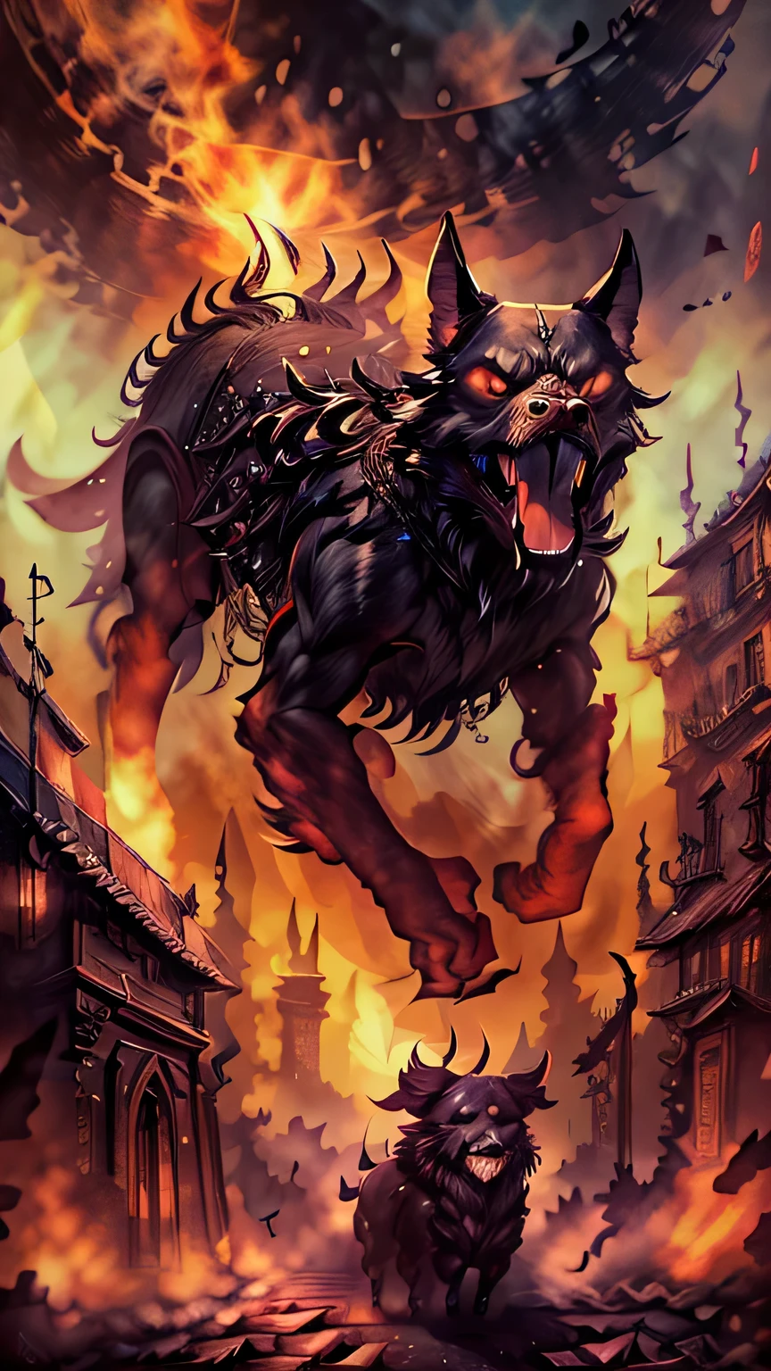 A pack of three dogs walk through a burning city, hell dog, hell dog, revelation Art!!!!, author: Alexis Brillo, revelation Art, author: Ignatius Zuloaga, stylized urban fantasy art, phone wallpaper, wolf in hell, revelation, Dan Mumford Octane Rendering, Ivan Mestrovich, author：james gurney