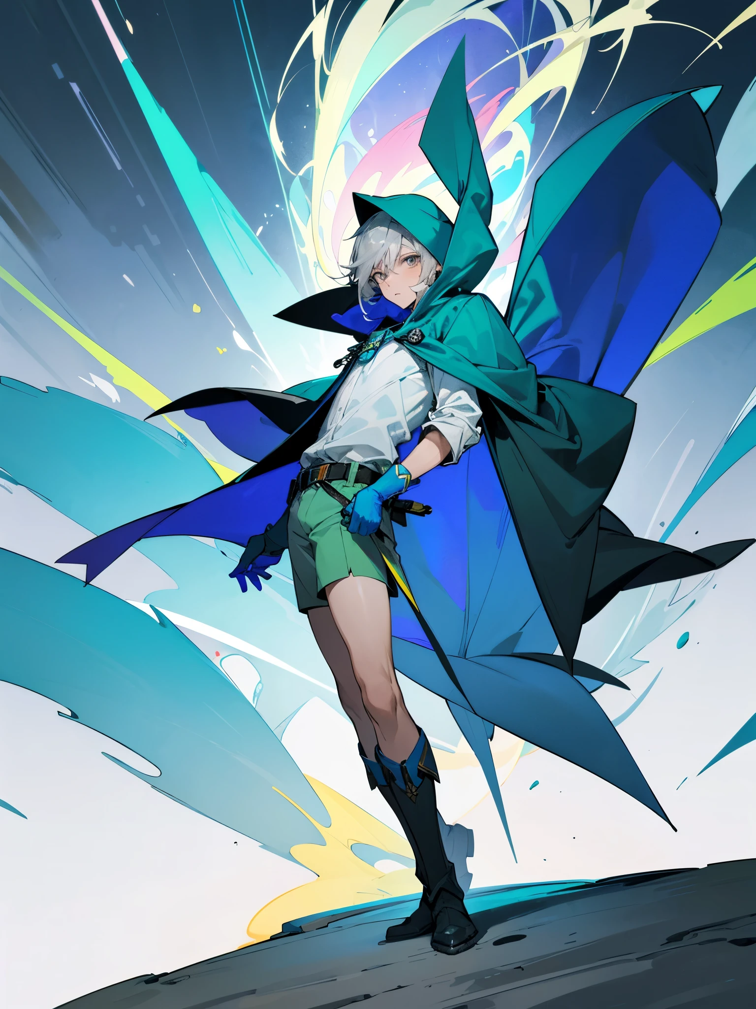 Tall man in his 25s with gray hair, gray eyes. Wearing a blue hooded cape, dressed in a white button shirt, green shorts, and blue gloves. He also wears a belt and boots. Pose masculina. Background with explosion of colors. Muchos colores en el fondo. Llevando orbe de luz intensa.