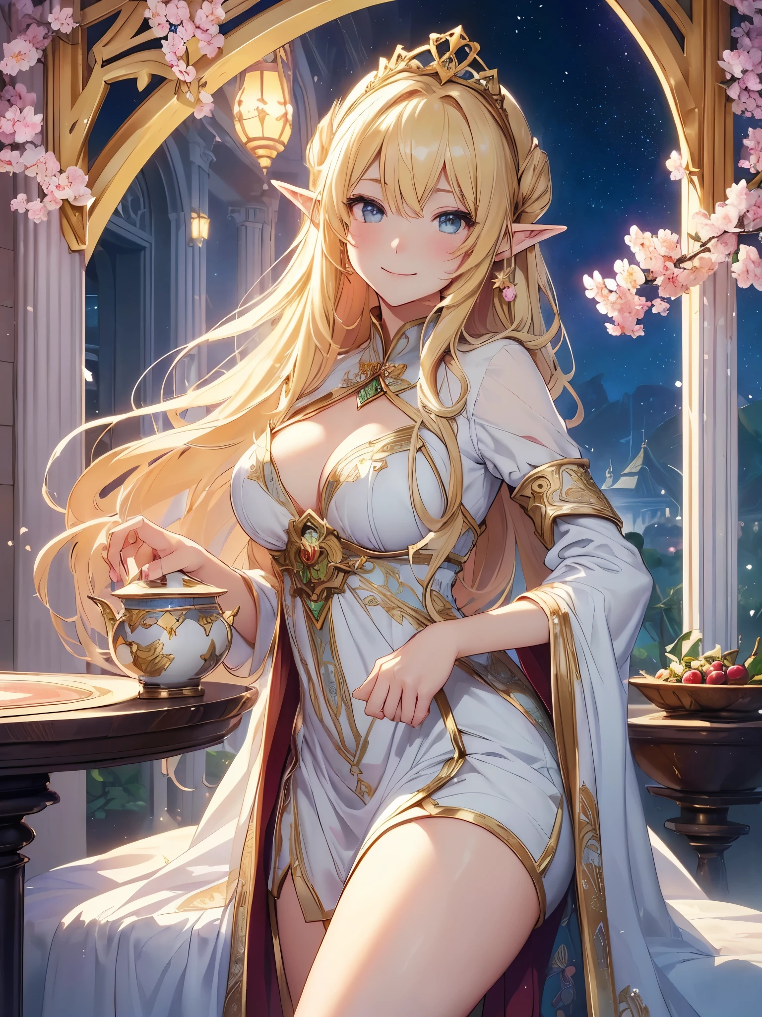 highest quality、Highest image quality、masterpiece、beautiful profile、、Titania、Super beautiful elf beauty((22 years old OL big bust、bust 90,beautiful long ironed hair、blonde、Height: 165cm。slender、sexy、Esbian、beautiful tiara、night、High quality、美しいart、background((starry ski)))muste piece、ビジュアルart、Depth of the bounds written、、elf ears、光のmagic、universe、A happy smile、gentle light、Elven Forest、cherry blossoms、tea、reading、elegant、ticker beautiful decorative、marble columnystical　rosa、Rose、　the sky、beautiful dressy、beautiful dress、table、giant galaxy、myth、ART、Lord of the Ring、sexy、friendly smile、Fantastic、cherry blossoms、舞い散るflowerびら、cherry blossomsのflower、universeのmagic、Earth、magicの光、fantasy、flower、super REALITYたくさんのRose、magic、universeを飛ぶ、、Grow fantasy、、mysteryの光、byzantine、Art nouveau、alphonse　Mucha、、art、art,mystery,UHD,magicalgentle light,sexy、