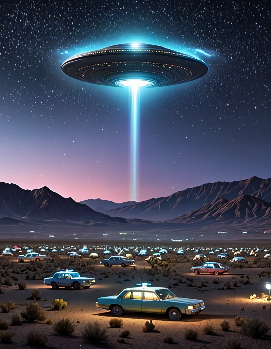 A captivating night scene at Area 51, where luminescent entities are gathering around a mysterious UFO. The sky is filled with a diverse array of UFOs of various sizes and shapes, emitting a soft glow that illuminates the area. The luminescent entities are seen in different forms, some translucent, others with pulsating lights, and a few with distinctive features. The overall atmosphere is a blend of curiosity and wonder, with a touch of alien intrigue.