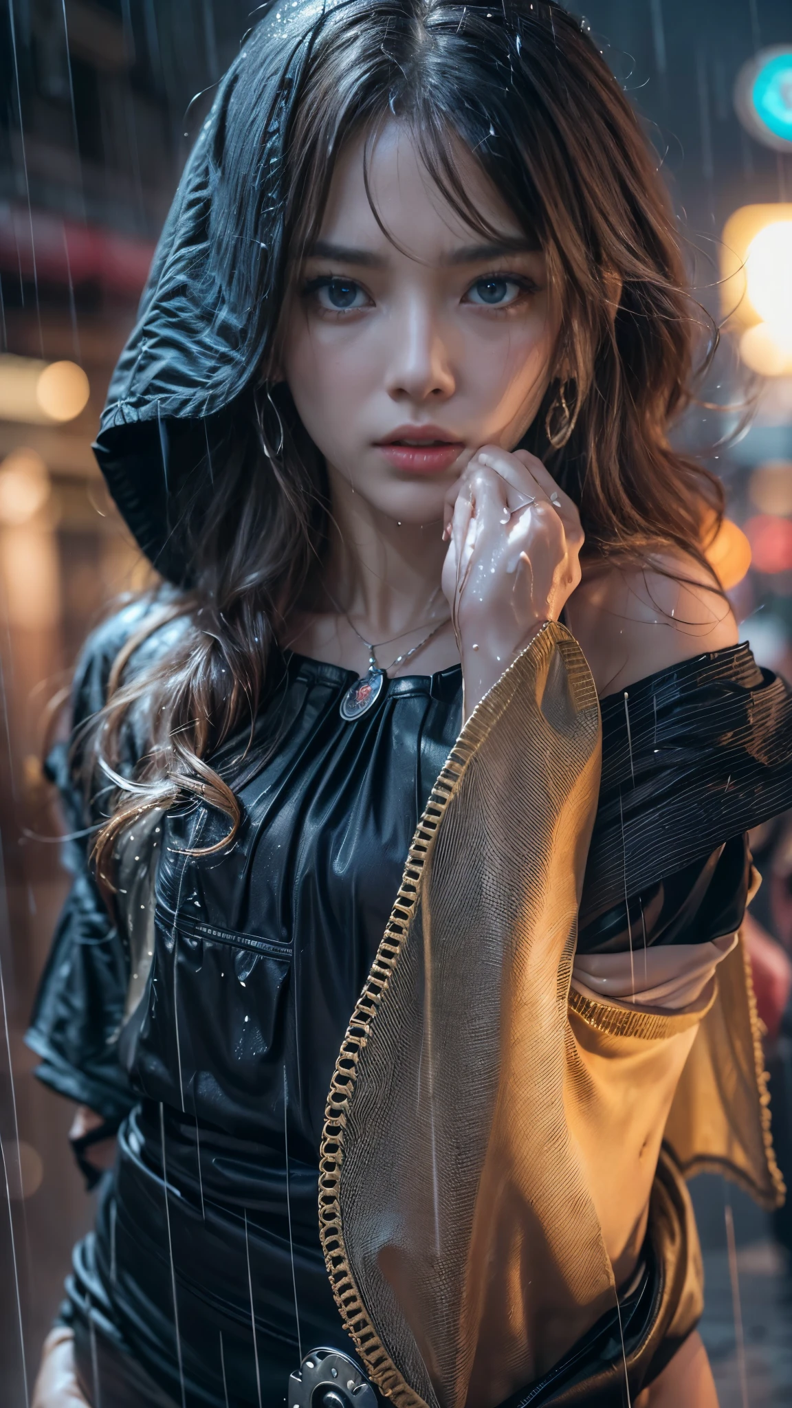 (RAW shooting, Photoreal:1.5, 8K, highest quality, masterpiece, ultra high resolution), perfect dynamic composition:1.2, Night street corner of a modern city, expression of sadness:0.5, (((Typhoon heavy rain))), Highly detailed skin and facial textures:1.2, Slim office lady wet in the rain:1.3, Fair skin, sexy beauty:1.1, perfect style:1.2, beautiful and aesthetic:1.1, very beautiful face, water droplets on the skin, (rain drips all over my body:1.2, wet body:1.2, wet hair:1.3, wet skirt:1.2, wet blouse:1.3), belt, (Medium chest, bra is see-through, Chest gap), (cry, lovelorn, The expression on your face when you feel intense caress, Facial expression when feeling pleasure), (beautiful blue eyes, Eyes that feel beautiful eros:0.8), (Too erotic:0.9, Bewitching:0.9), cowboy shot, Shoulder bag, necklace, earrings, bracelet, clock