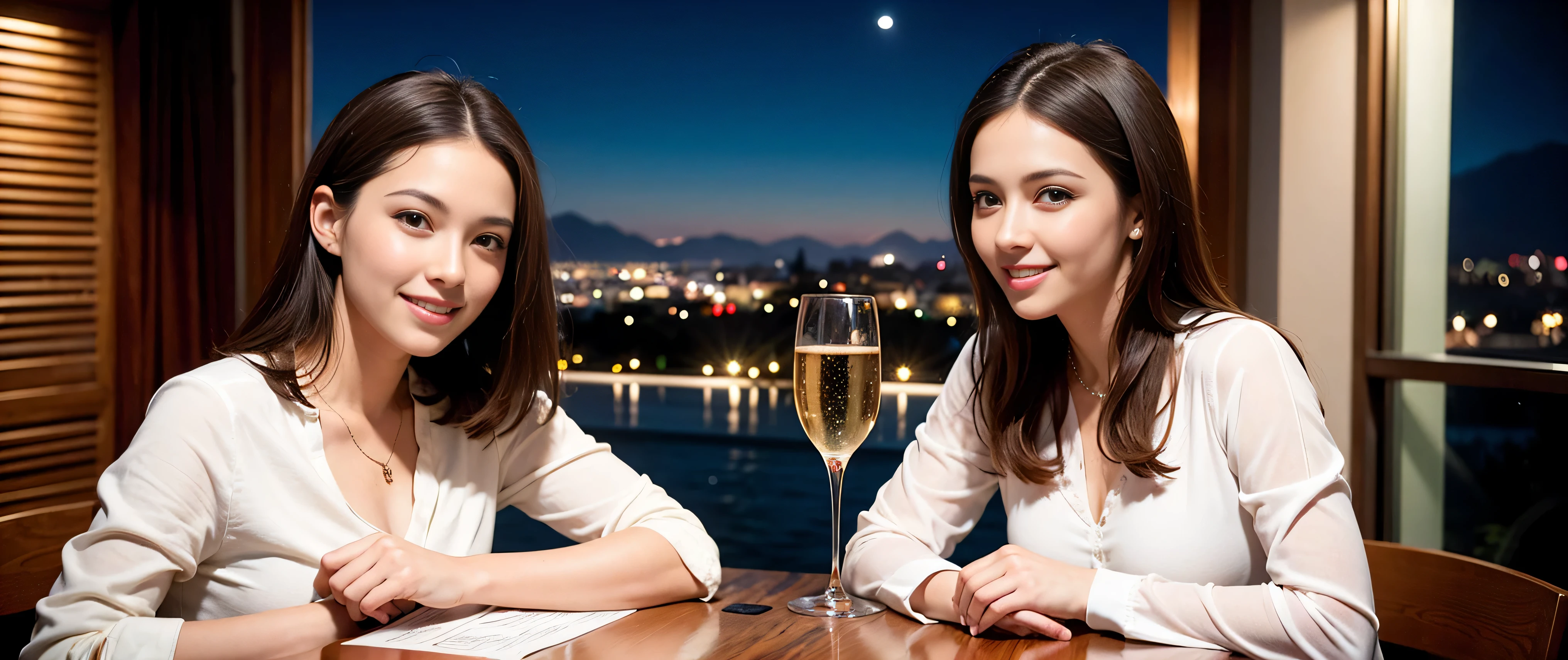 K, Hmm, highest quality, masterpiece: 1.2), (realistic, photorealistic: 1.37), Super detailed, 3 slim beauties, (slim face),Happy、 the best smile、Fox face、Berry Short、(because I'thin), (brown hair), (shortcut), long sleeve shirt、winter fashion、Colombian、Brazilian、Japanese、Dutch、German、Portuguese、Belgian、Italian、French,Champagne、sparkling wine、 (squirt), (slim body), (brown hair), (shortcut), neat beauty、cheeks turn a little red, (35 years old), 38 years old, alone, A beautiful and detailed night view spreads out outside the window....., restaurant, wine glass is sitting, At night, in a prominent place (from the Upper body) nova frog style, actress, model, Upper body, White wine, slim, wine glass, Very beautiful night view, wine glass Put in the Middle, Happy smile, (smile: 1.15),