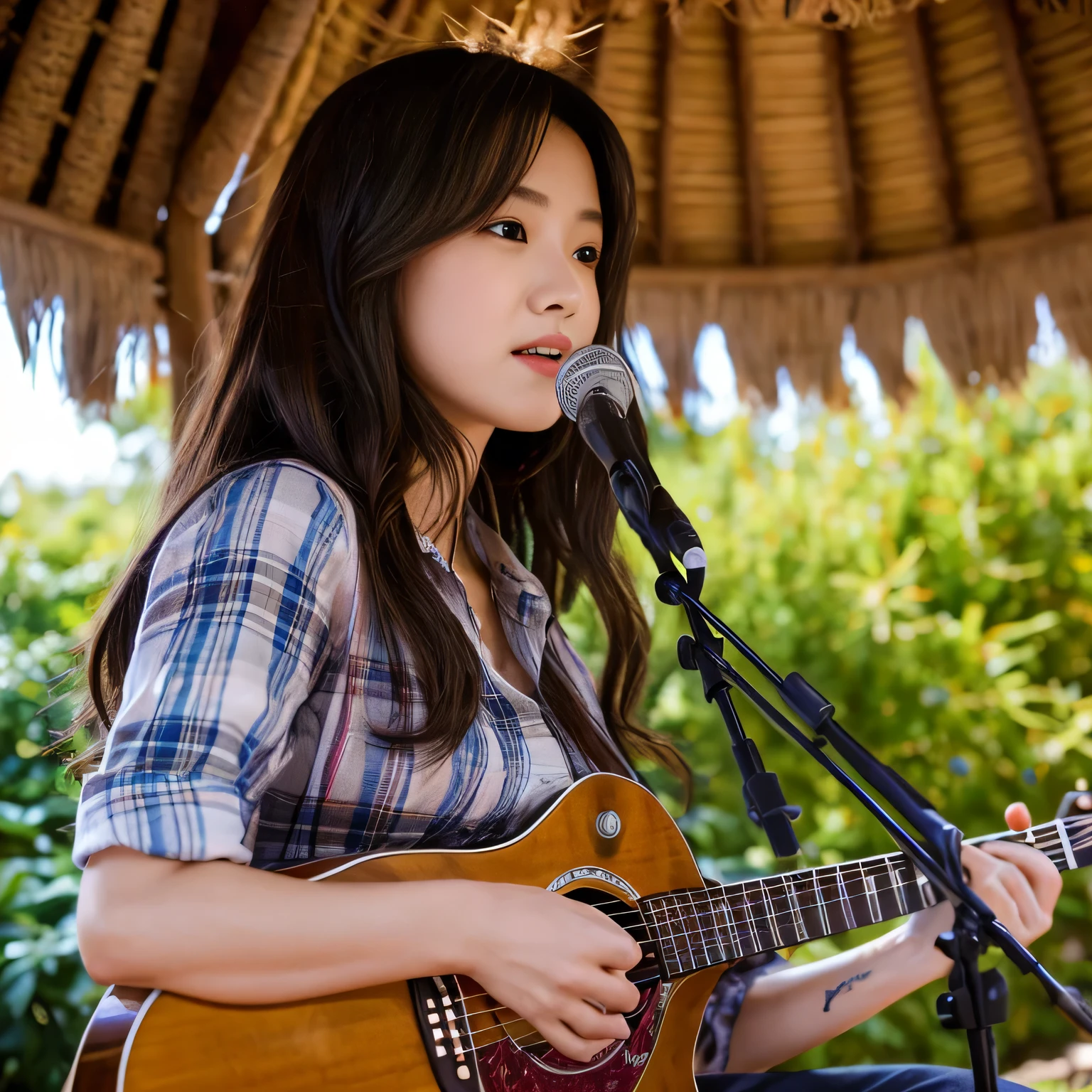 A 25-year-old woman sits playing a guitar in front of a shabby thatched hut Wear a plaid shirt.. red blue red blue beautiful face looking directly at her, Beautiful face, long hair blowing in the wind.. A 25-year-old woman sits playing a guitar in front of a shabby thatched hut., Wear a plaid shirt.. beautiful face, looking straight at her, มีbeautiful faceนั้น, Long hair blows in the wind, Spread naturally in the evening sunlight., Shining brightly.