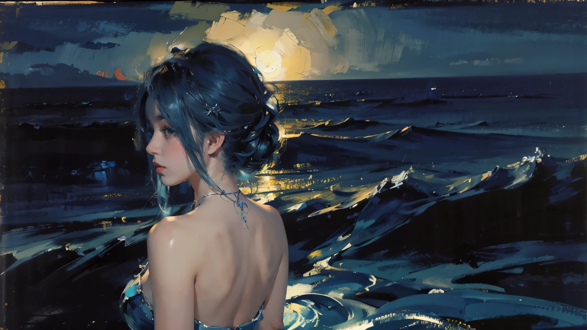 Night,oil painting style,back view of a girl,blue hair,Upper body,The background is the sea,late night,exquisite eyes