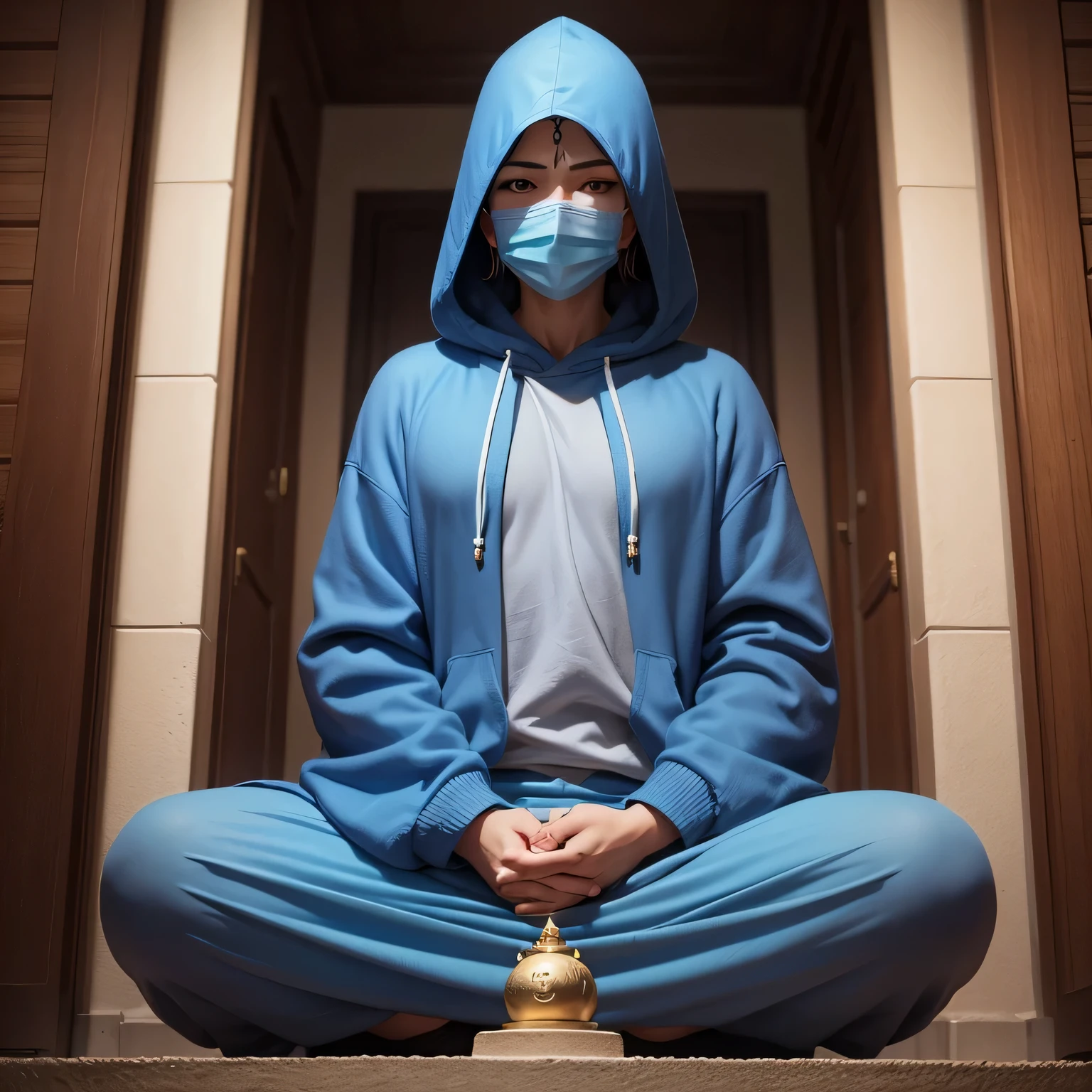 There is a blue Buddha statue facing the front and wearing a hoodie hood,Buddha, Buddha, Buddhism, beautiful images,Buddha,Buddha