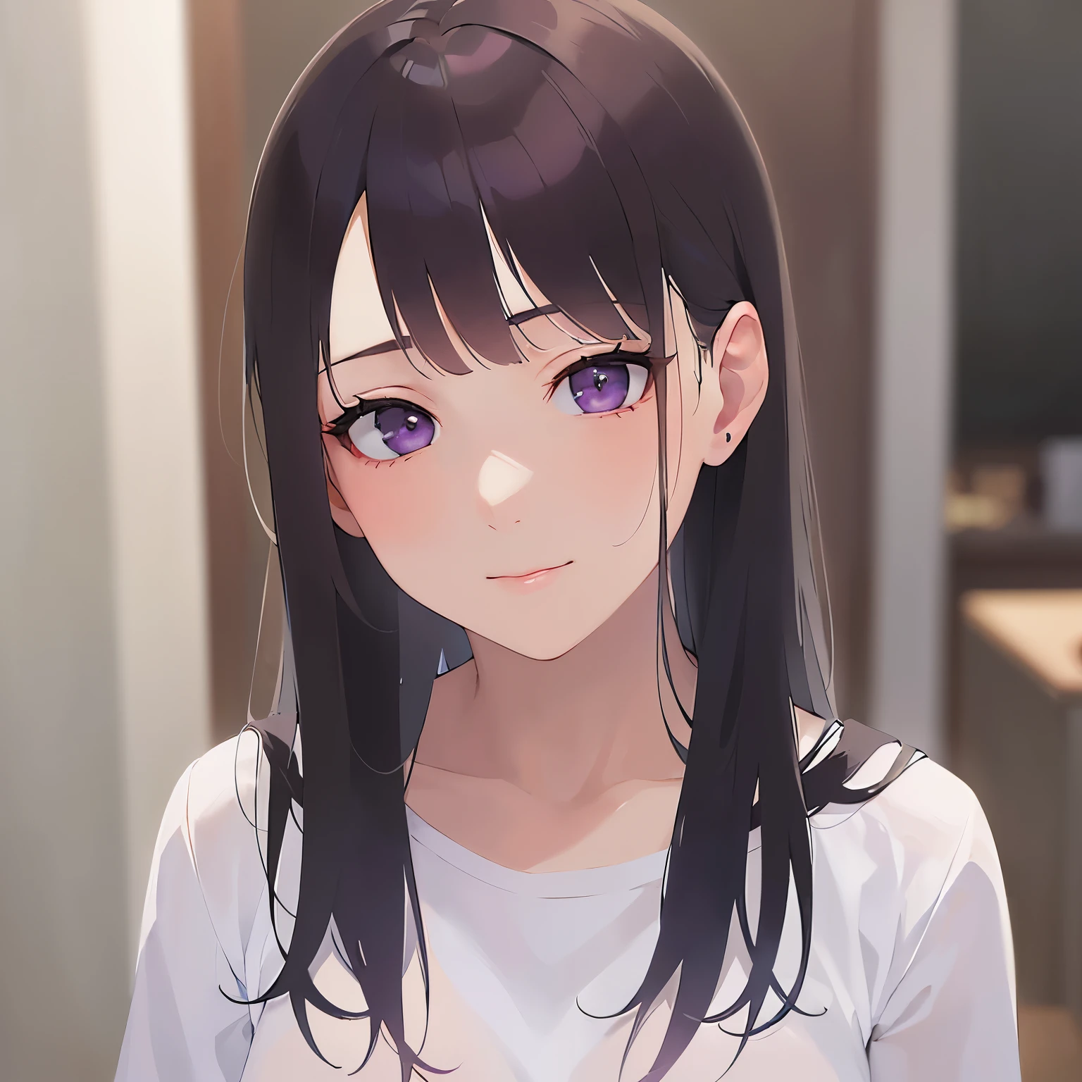 side angle, (looking away:1.5), Upper Body, Realistic, real person, (pale skin: 1.2), RAW photo, photorealistic, portrait photography, shiny skin, japanese idol、shiny hair、(25 year old woman with straight medium hair with bangs) and (black hair) and (purple eyes) , wearing a white shirt 、smile, Background is an office room、Alone、Are standing