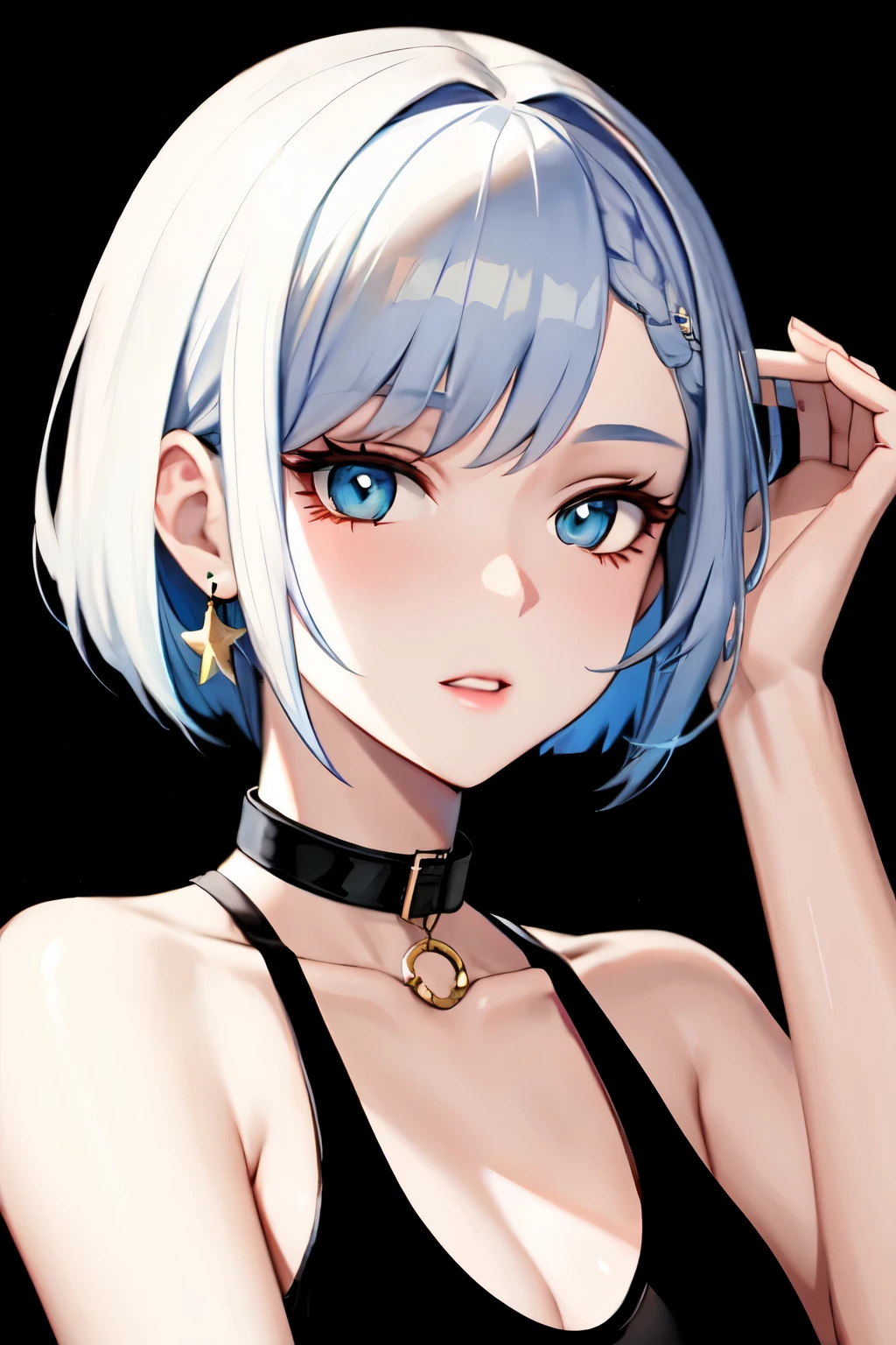 cute girl,Short white hair, blue eyes, white skin, She wears a necklace with a six-pointed star ,🇮🇱,