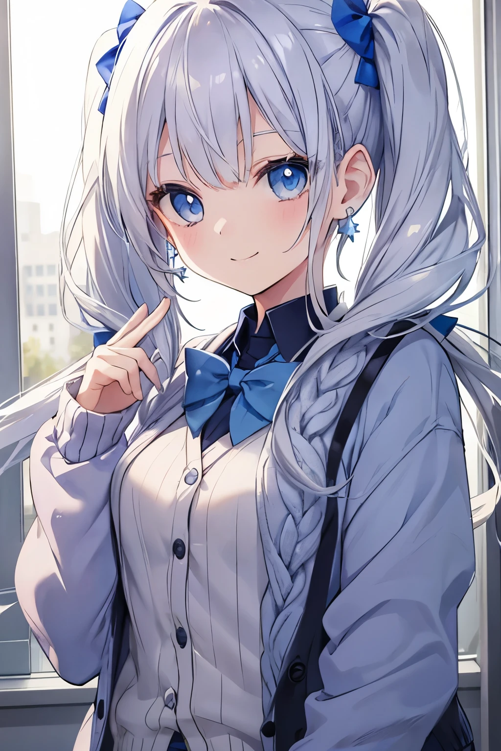 Silver-haired blue eyes、 girl、small breasts、twin tails、smile、gal girl、wearing cute earrings、uniform、knit cardigan、Has eye highlights、School、blue sky、doing peace