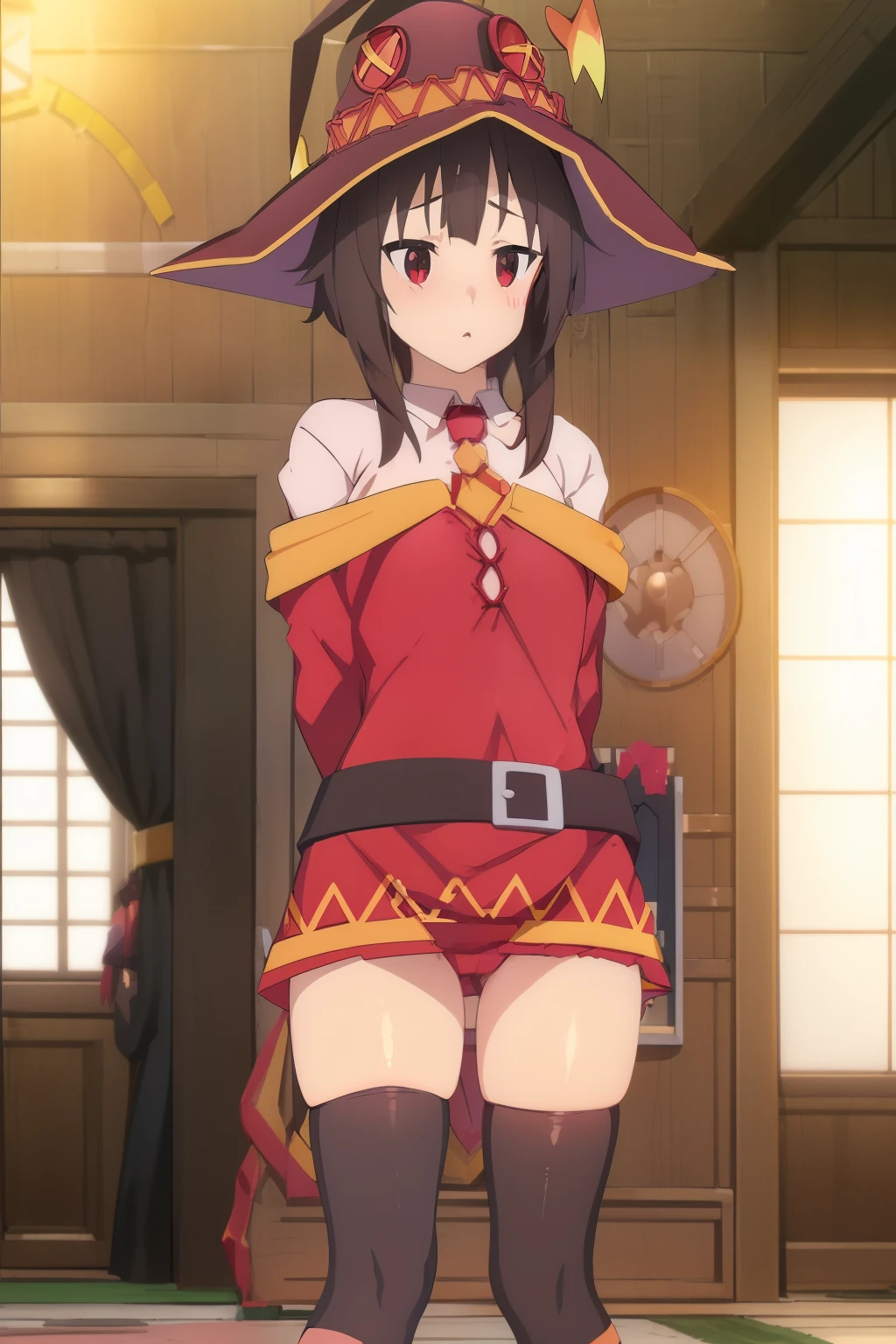 (super realistic girl:1.2), (( Megumin)), (KonoSuba), whole body, Single unit, waiting, (Exposed inner thigh), knee bent, ((short hair)), small tits:1.3, ,Octane number expression), ray tracing, on the bed blush anime style take off clothes 全naked open your mouth sit naked Erotic