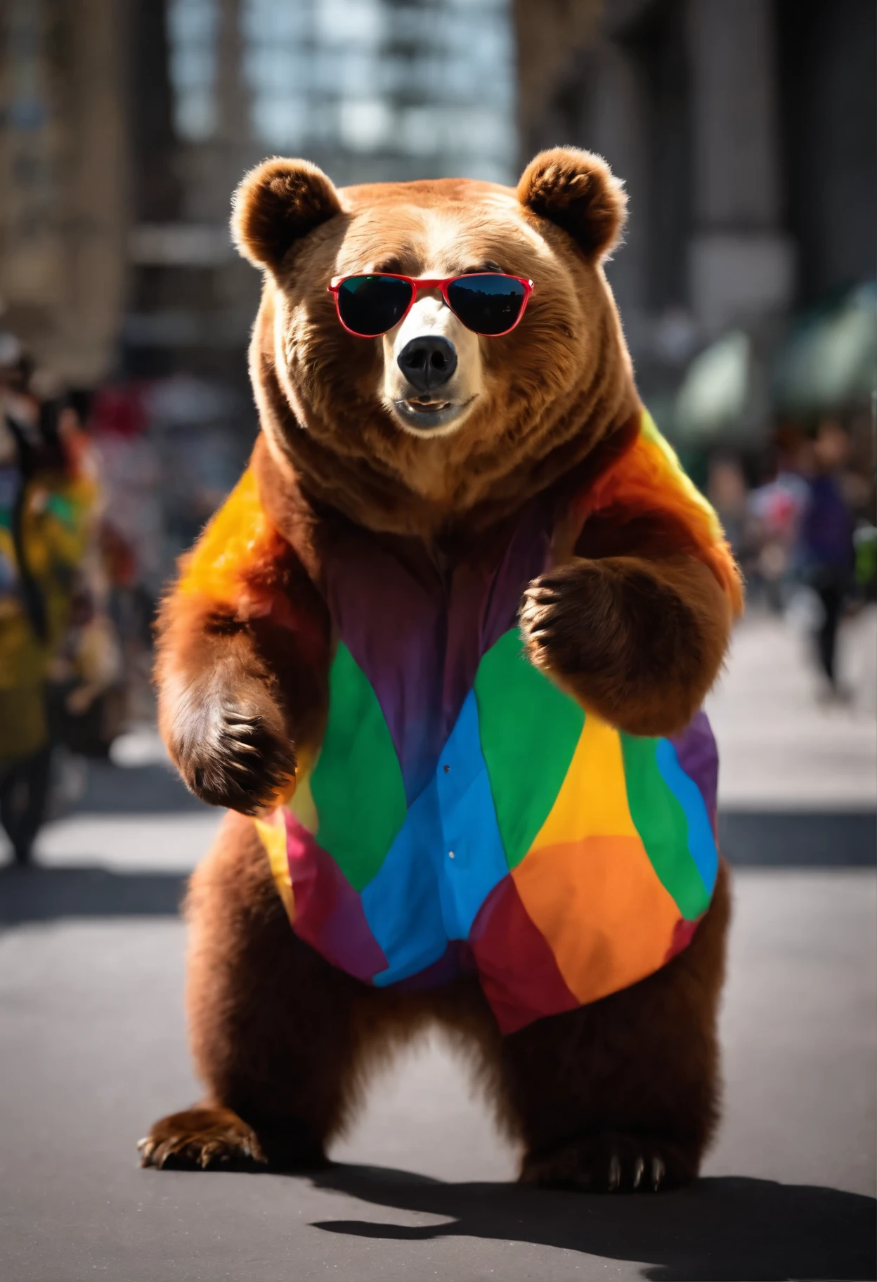 Brown bear walking on two legs in the city,Colorful furを持つヒグマ,bipedal walking,(((wearing sunglasses:1.5))),Brown bear like a costume,Colorful fur,rainbow colors