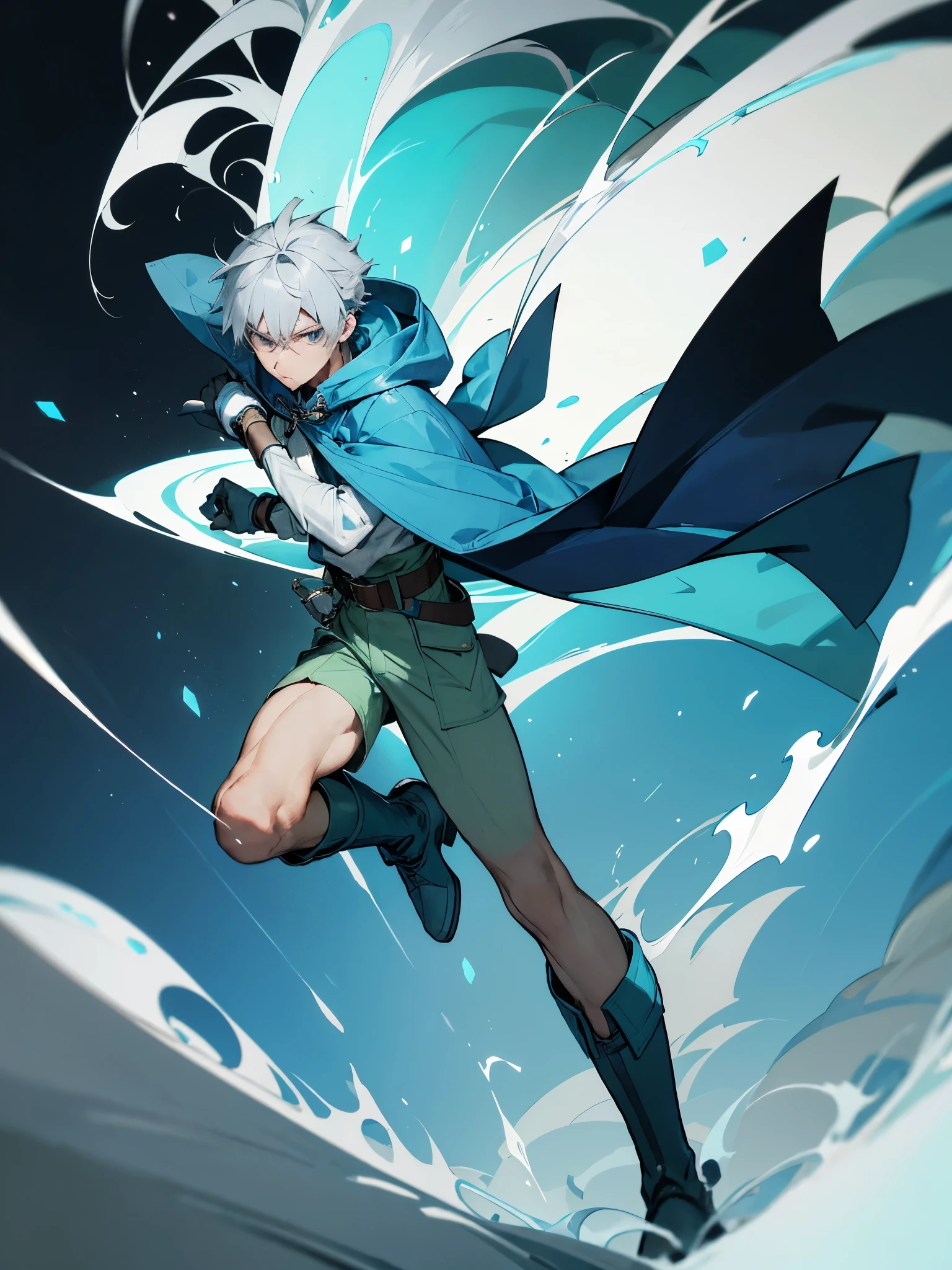 Tall man in his 25s with gray hair, gray eyes. Wearing a blue hooded cape, dressed in a white button shirt, green shorts, and blue gloves. He also wears a belt and boots. Pose masculina. Combate con explosiones. Lanzamiento de conjuros. magic battle