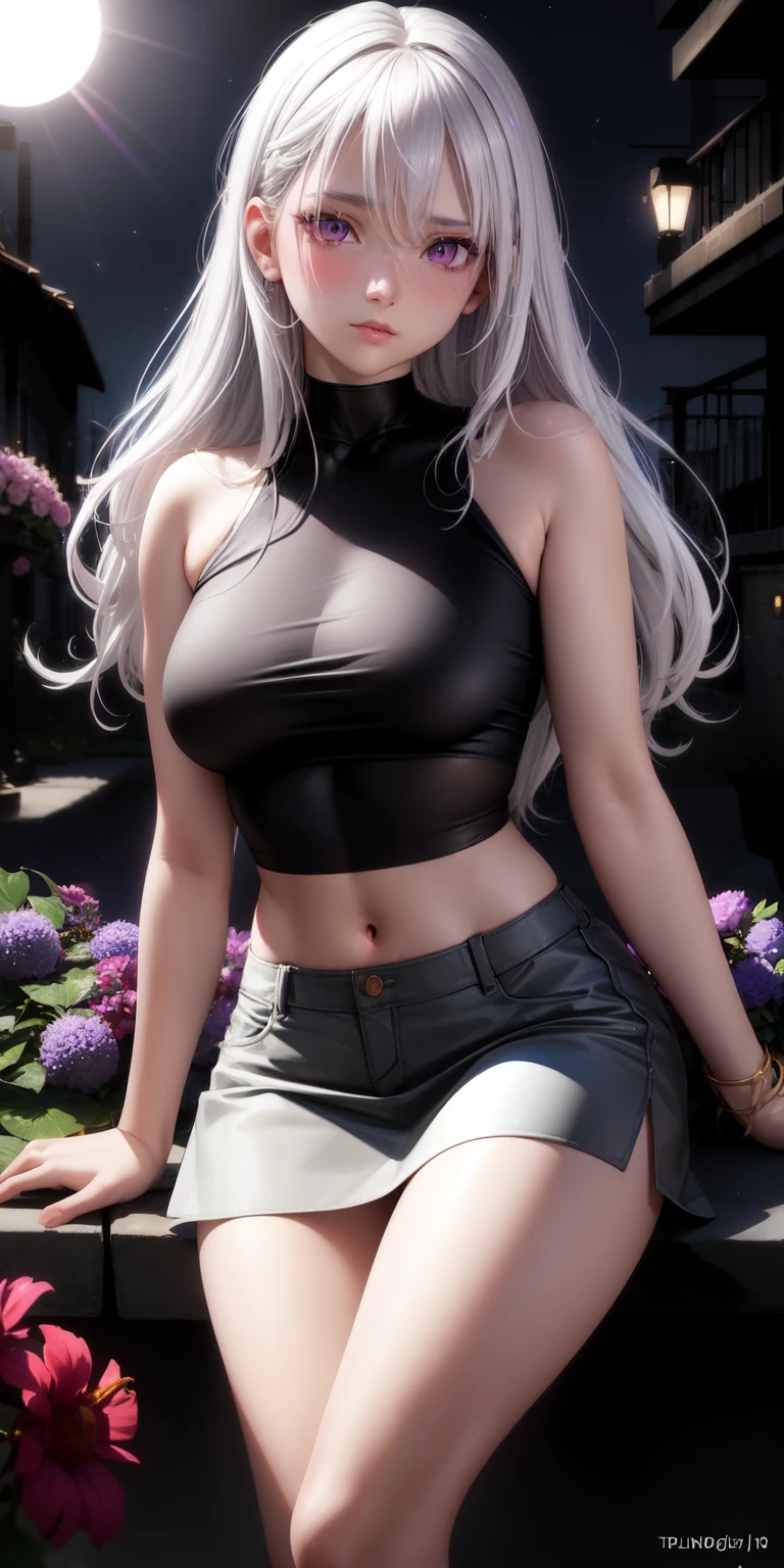 actual, 1 girl, white hair, purple eyes, glowing eyes, crop top, nude, open lips, blush, night, flowers, sun, sunlight,