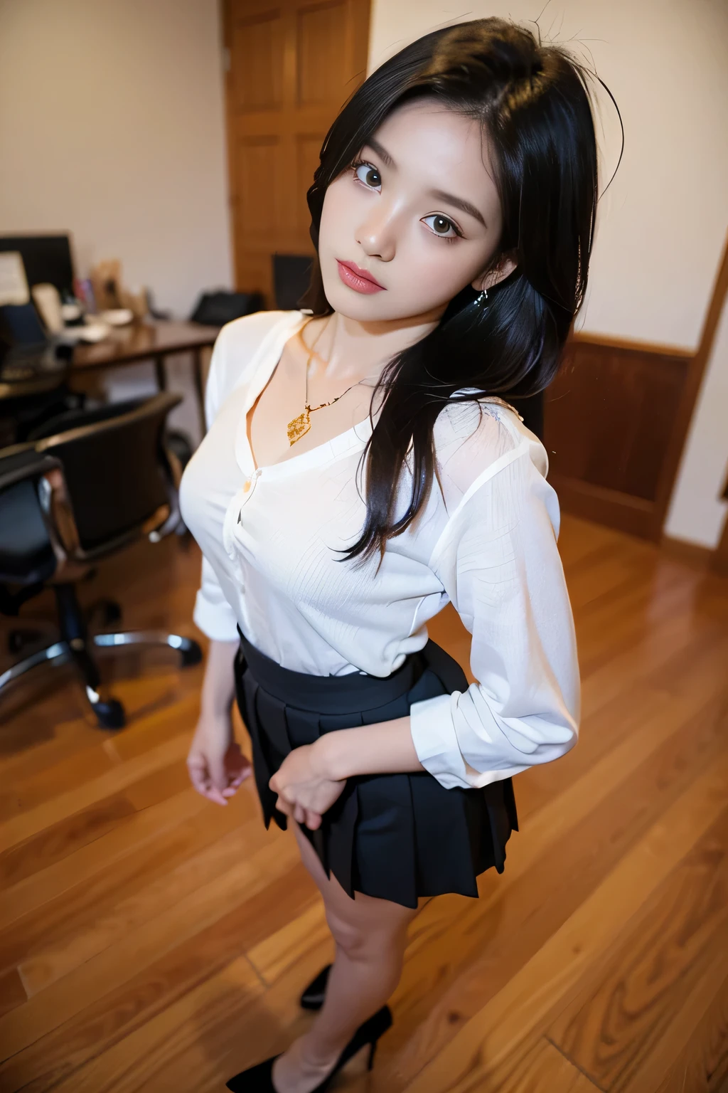 (masterpiece:1.3), (8 thousand, realistic, RAW photos, best quality: 1.4), (1 woman), (full body shot), (standing next to the office desk), (model-like pose), (very sexy), (Beautiful makeover), (유난히 아름다운 realistic 얼굴), (Build a firm and beautiful body through exercise) , (beautiful face), (beautiful face), (long eyelashes), (double eyelid), (big bust) , (Beautiful heaps), (You're tall and your body is really pretty..), (small and beautiful feet), (realistic face), (black hair. parted, long hair:1.3), (아름다운 parted스타일), (realistic eyes), (really beautiful and delicate eyes), (realistic skin), (beautiful skin), (blouse), (pleated skirt), ( realistic 팬티스타킹), (office uniform), (absurd), (attractive), (ultra high resolution), (extremely realistic), (very detailed), (golden ratio), (realistic 긴 다리), (realistic 팔), (high heel), (realistic 아름다운 다리), (necklace), (earring),(beautiful nails manicure), (So beautiful and sexy)