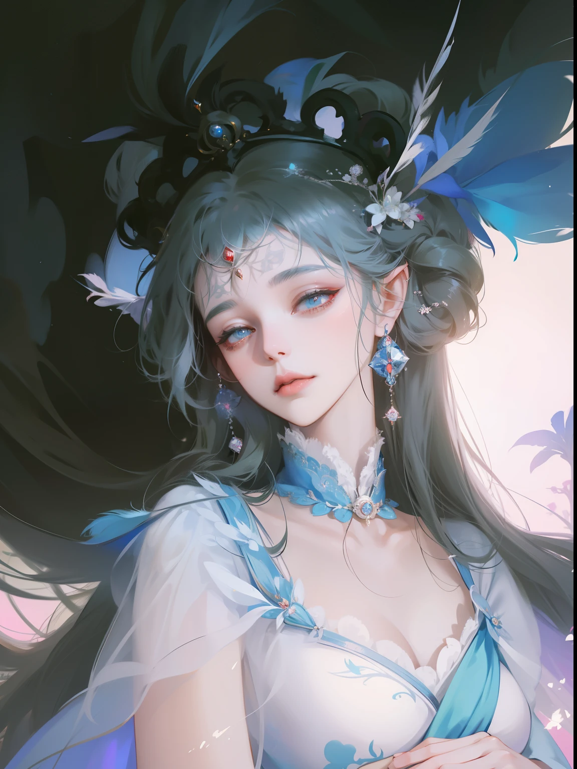 Anime girl wearing feather headdress and feather hat, Belle peinture de personnage, ((beautiful fantasy empress)), Guweiz style artwork, beautiful fantasy empress, guweiz, palace , A girl in Hanfu, author:Hero, A masterpiece by Guwiz, anime fantasy illustrations, author:Li Song, beautiful and elegant elf queen