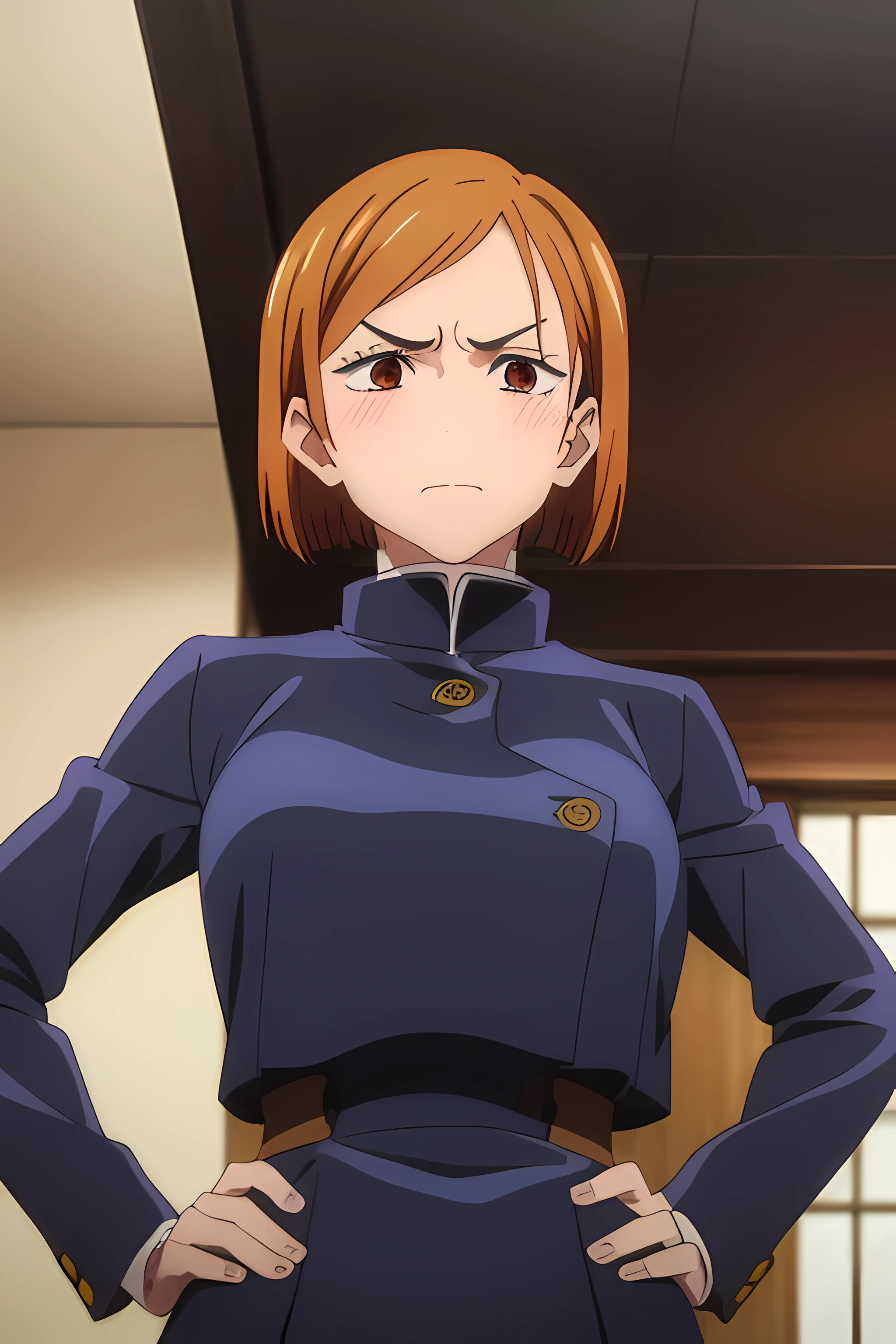 (masterpiece), (best quality), (ultra-detailed), (best illustration), (best shadow), (absurdres), nobarakugisakinova, short hair, orange hair, ((brown eyes)), kugisaki nobara, , 1girl, solo, cropped jacket, bangs, gakuran, closed mouth, long sleeves, (view from below), upper body, (large breasts), ((blushing)), Hourglass body, thin waist, very thin waist, hands on hips, angry, front view, ((busty)),