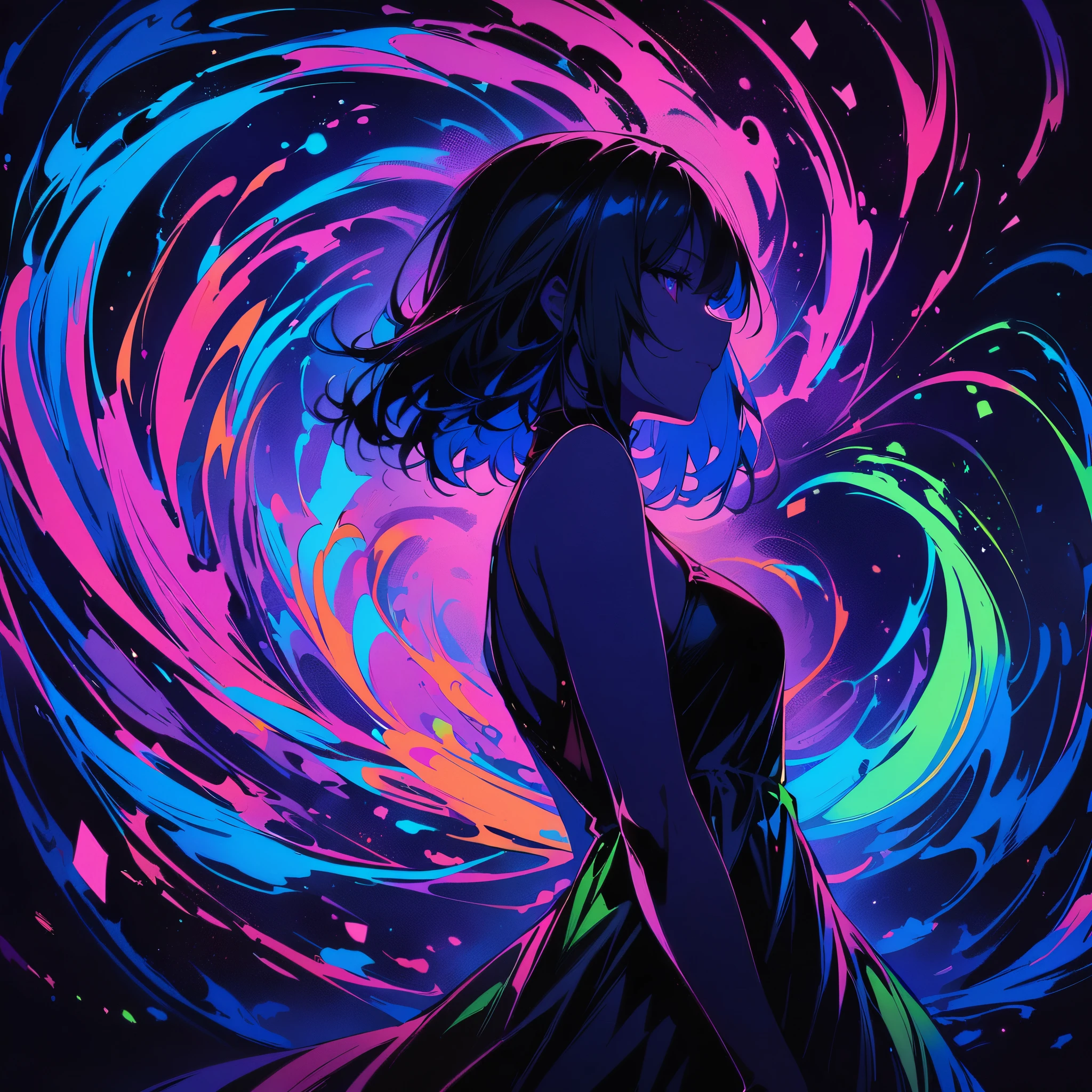 young adult woman, silhouette art, nacked, pretty face, abstract background, colorful background, bright colors, high contrast, background shimmers like oil on a water surface, hyperrealistic art, stunning lineart, shiny, extremely high resolution details, photographic, fine texture, well defined, absurdres, masterpiece, 8k, high detail, intricate, best quality