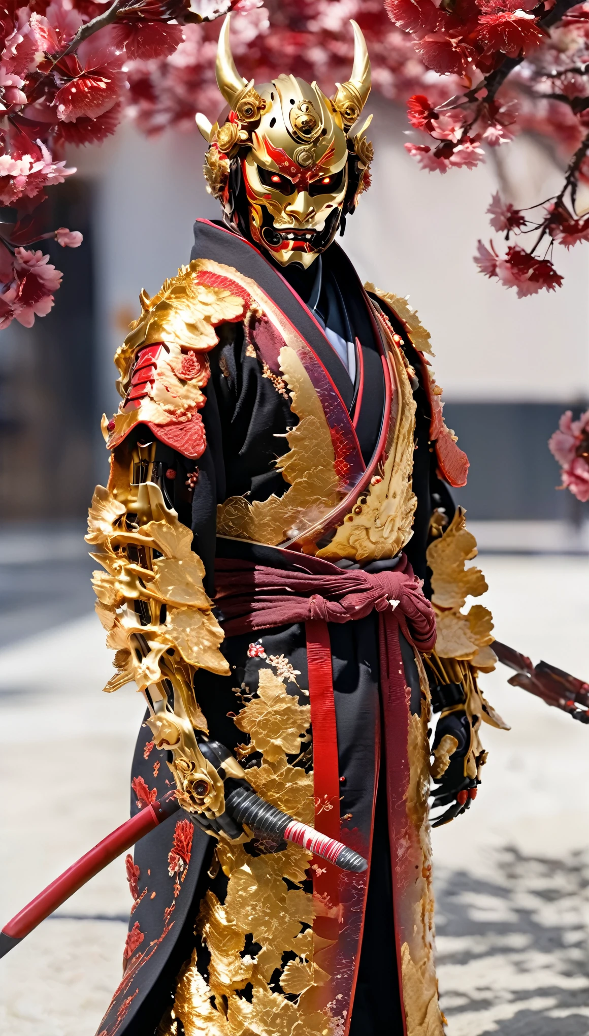 13century、A golden cyborg samurai-like creature wearing a Hannya mask.、eyes are shining、long coat、(black and red)、FW Murano style, vibrant color blast, whole body、cherry blossoms、incredibly detailed, dark, Key Visual, in the atmosphere, Attack the enemy、very realistic, high detail texture, ray tracing