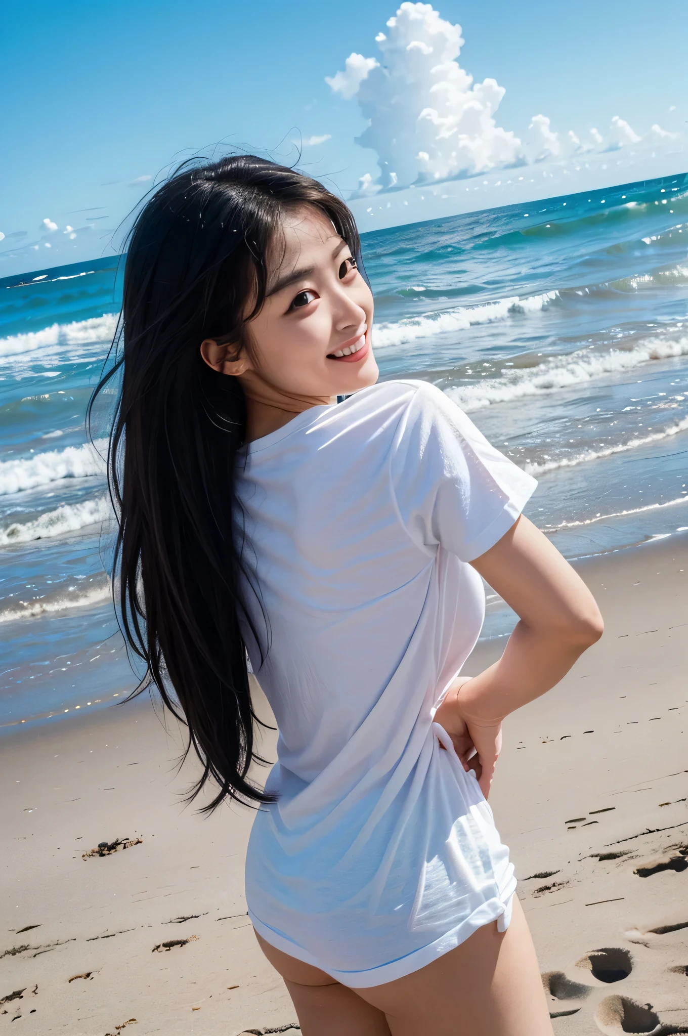 ((angle from behind、whole body、I'll give you one'chest of))、highest quality, (((whole body)))、(((big breasts、Gcup)))、beautiful japanese girl,long hair、black hair、 Ocean, sandy beach, deserted island, (((whitevheadTshirt))), Smiling with a sexual expression,shiny skin