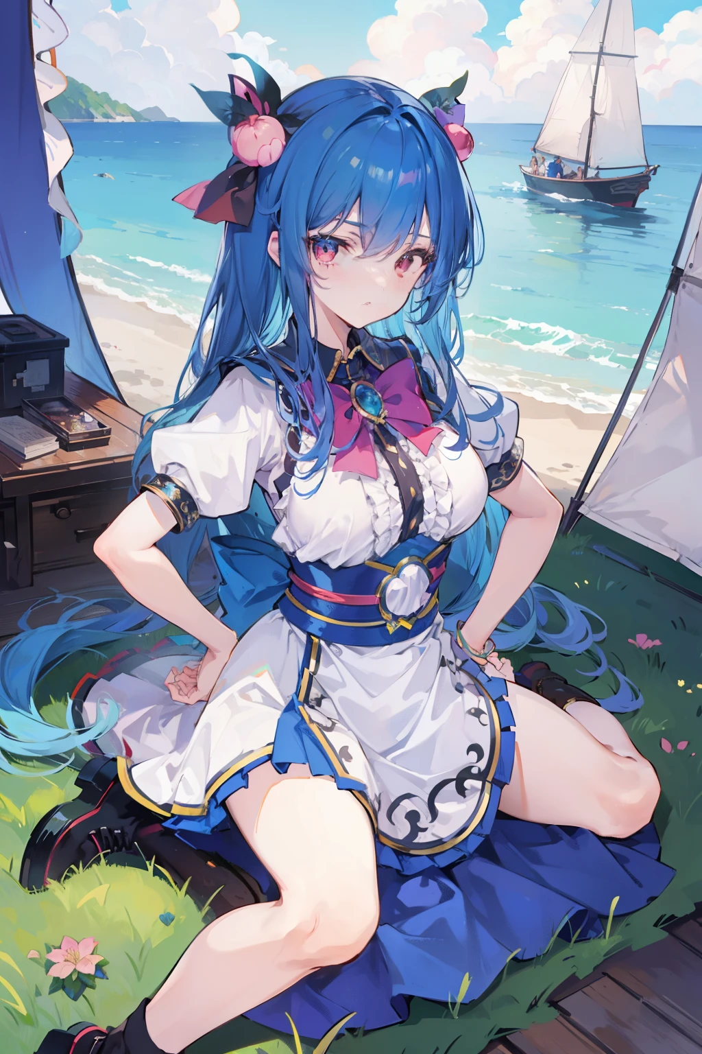 (masterpiece),best quality, expressive eyes, perfect face, 1girl,
Big breasts, H cup, Good breasts, Put your hands on your waist,fair, Gorgeous,Japanese cartoons,girl,lola,Hina Angel, blue hair, blue haired,tent , tent chest, tent breast, floating clothes,Grab your waist, Grab your waist, hands on hips , hands on hips,sit, sit on ground, Legs on the ground
