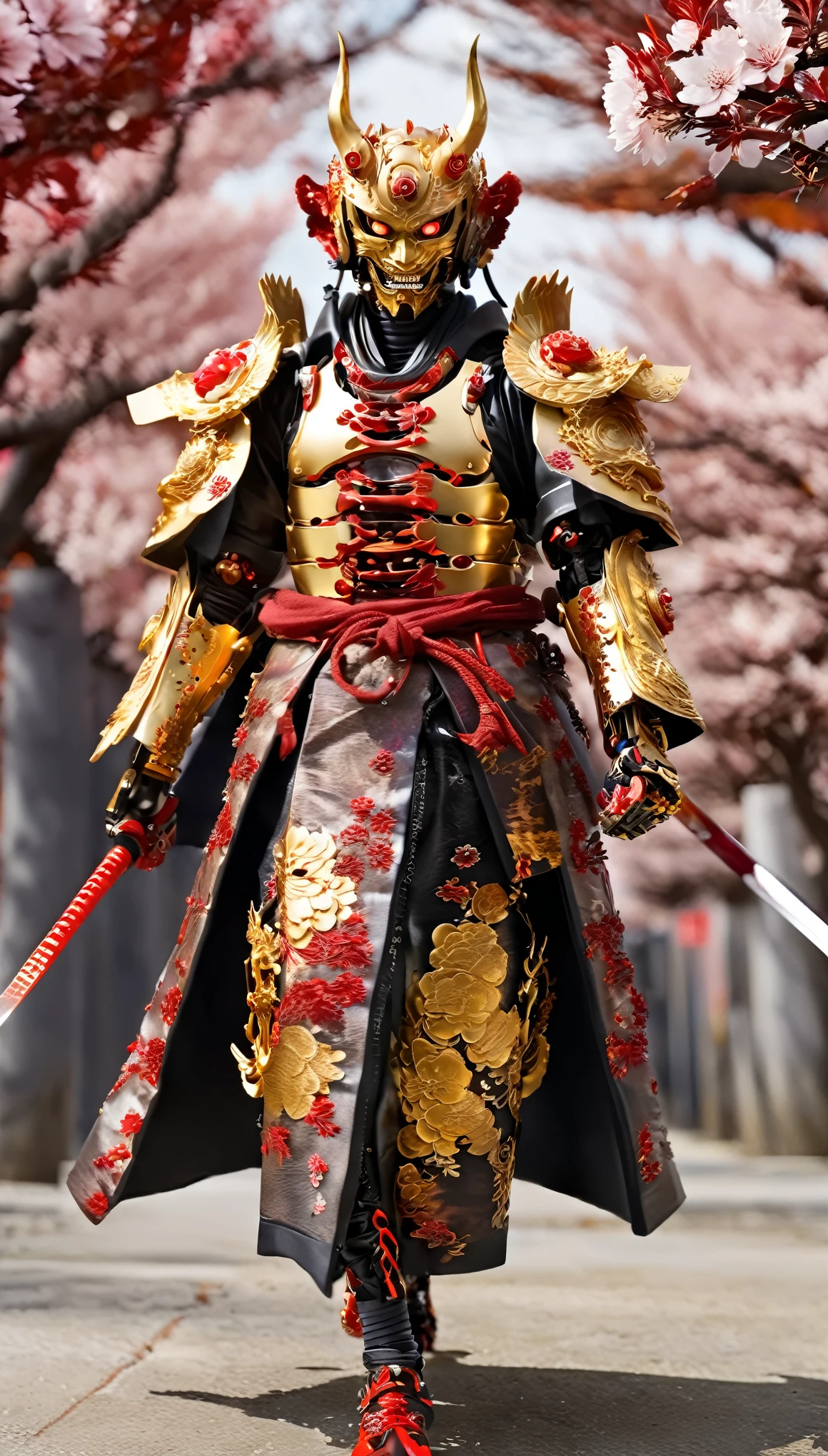 １３century、A golden cyborg samurai-like creature wearing a Hannya mask.、eyes are shining、long coat、(black and red)、FW Murano style, vibrant color blast, whole body、cherry blossoms、incredibly detailed, dark, Key Visual, in the atmosphere, Attack the enemy、very realistic, high detail texture, ray tracing