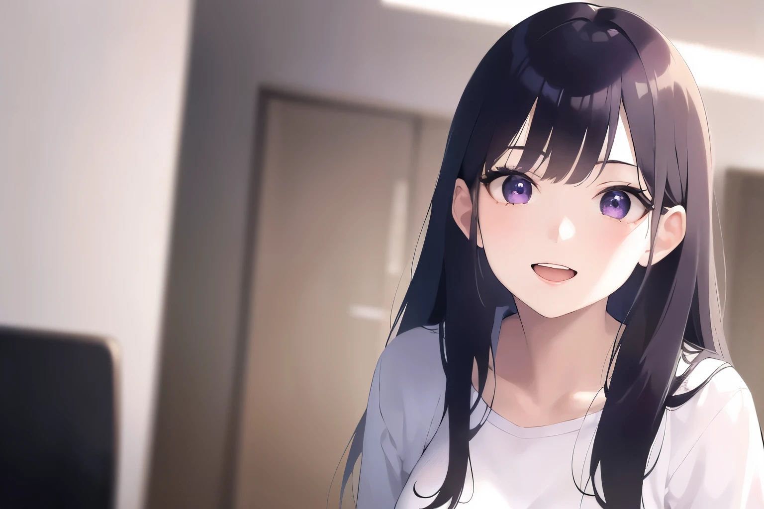 Shooting from an angle, Upper Body, Realistic, real person, (pale skin: 1.2), RAW photo, photorealistic, portrait photography, shiny skin, japanese idol、shiny hair、(25 year old woman with straight medium hair with bangs) and (black hair) and (purple eyes) , wearing a white shirt 、(smile:1.3), open mouth, Background is an office room、Alone、Are standing