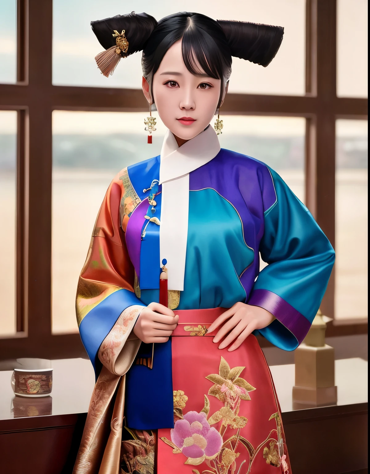 masterpiece, Ridiculous,Winning photo, Very detailed, Astonishing, fine details, Very detailed eyes and face, author:lee jeffries nikon d850 film stock photo 4 kodak portra 400 camera f1.6 shots rich colors hyper realistic textures dramatic lighting unreal engine pop on artstation cinestill 800 tungsten,
qingchao, a woman in a traditional chinese skirt poses for a picture , woman wearing a qingchao_skirt, qingchao_haircut, qingchao_scarf,
