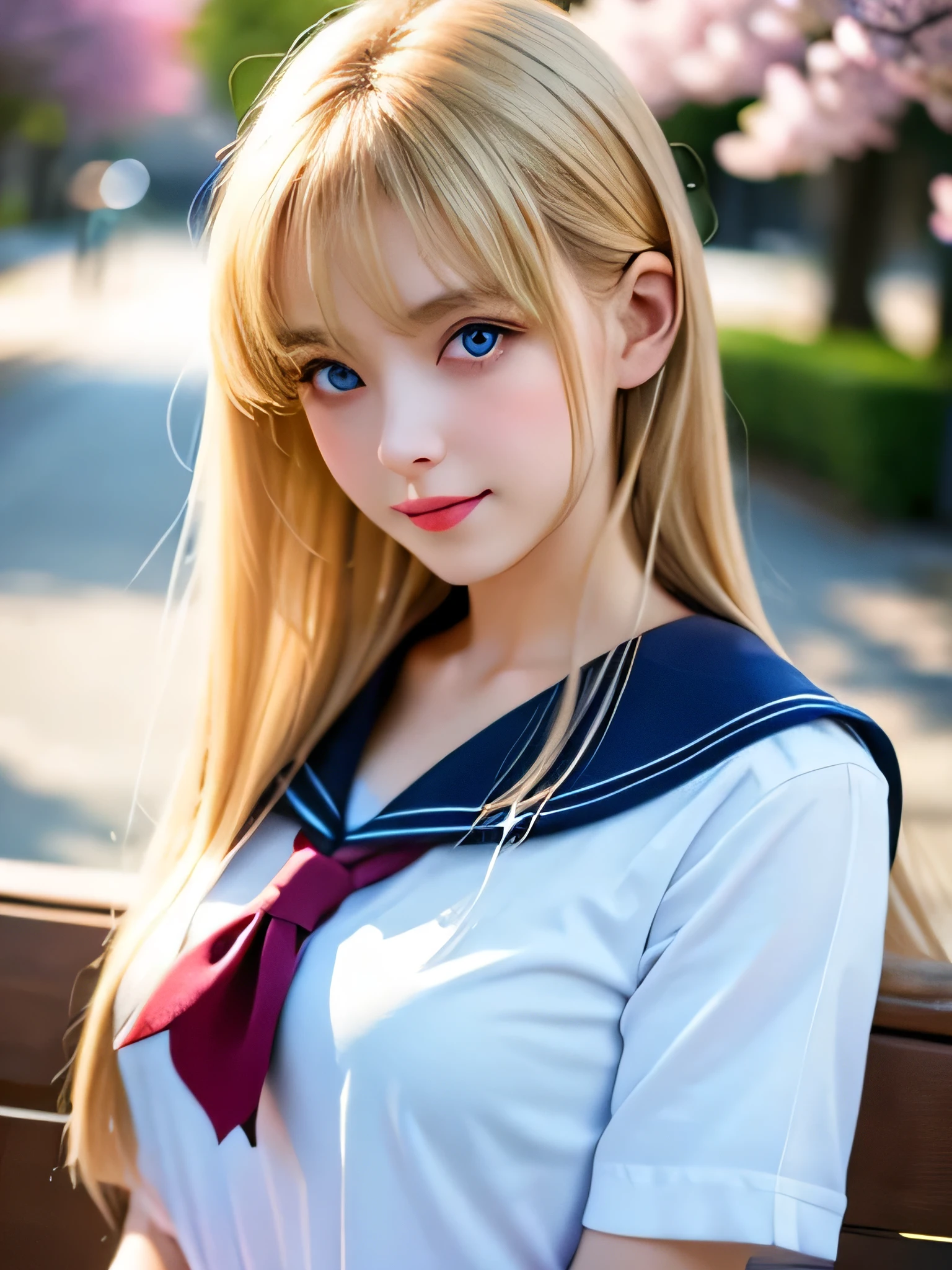 8K,highest quality, table top, Super detailed, 超A high resolution, realistic, Raw photo, absurd, absolute resolution, 1 girl, alone,upper body shot, looking at the viewer,young beautiful japanese woman, super cute face, luxurious appearance, big breasts , long bob hair ,smile,(school uniform:1.3), Glossy lips of lifelong learning, double eyelids in both eyes, natural makeup, long eyelashes, 艶やかで滑らかなライトブラウンのlong bob hair, asymmetrical bangs, shiny skin, center image, High resolution, high detail, detailed hairstyle, detailed face, great movie lighting, octane rendering, lively, 超realistic, perfect limbs, perfect anatomy、very big o cup breasts、well-shaped chest 、show your chest、silky shiny skin、Sexy and very beautiful lovely cute gorgeous face、gorgeous blonde silky hair、big fancy pale blue eyes、Bangs swaying in front of the face、Beautiful and cute 20 year old girl、、sailor suit、big and full breasts、skin as white as snow,ponytail、mini skirt、Glamour、I can see white pants.、wearing white panties、upper body nude、she spreads her legs wide and flaunts.cherry blossom park、posture of sitting on a bench、非常にbig breastsを見せています