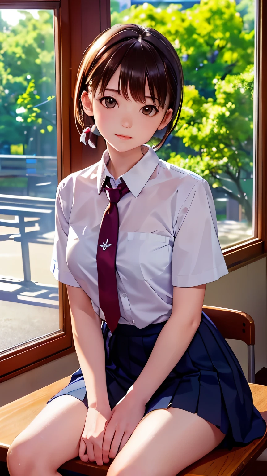 (table top, highest quality:1.2), 8K, 18-year-old, 85mm, official art, Raw photo, absurd, white dress shirt, cute face, close, Upper body, viola lace, gardenia, beautiful girl, (dark red tie:1.1)、(navy pleated skirt:1.1), Cinch West, thighs, short sleeve, classroom, ponytail、short hair、short hair、sit on a bench seat, looking at the viewer, no makeup, (smile:0.4), film grain, chromatic aberration, sharp focus, face light, clear lighting, teen, detailed face, ((background bokeh,日本の学校のclassroom、classroom、cherry tree seen from the window))
