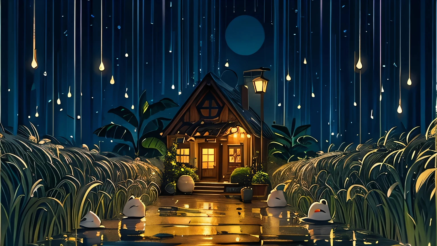 there are three little white birds sitting on the porch of a house, cute detailed digital art, cute digital art, a beautiful artwork illustration, cozy night fireflies, cute artwork, rainy night, raining at night, dreamy illustration, background artwork, it is night and raining, calm night. digital illustration, cute illustration, beautiful kawaii lighting, cute detailed artwork, dreamy night