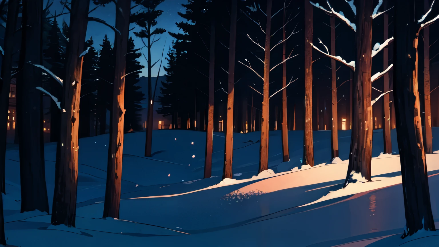 winter forest, night, trees close to each other