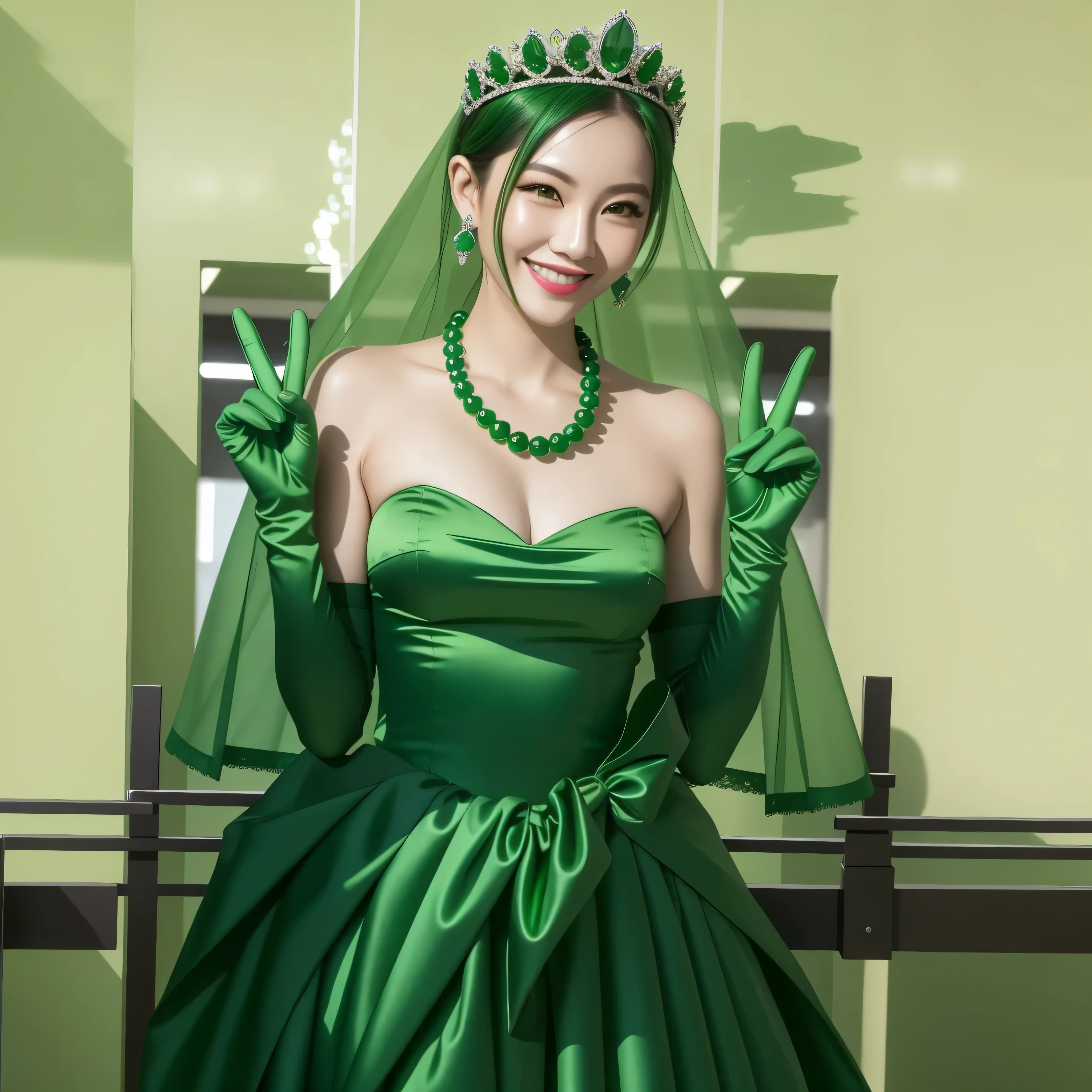 emerald tiara, green pearl necklace, ボーイッシュな非常に短いgreen hair, green lips, smiling Japanese woman, very short hair, Beautiful woman with big breasts, green eyes, green satin long gloves, green eyes, emerald earrings, green veil, Heart with both hands, green hair, beautiful japanese woman, V sign, green lip gloss