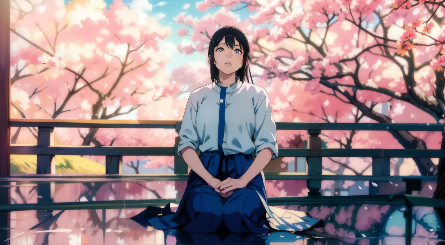 Anime girl sitting in front of a cherry tree, Fubuki,beautiful anime girl, by Fujishima Takeji, Inspired by Rei Kamoi, by Shinoda Toko, sui ishida art manga, rei hiroe, hinata hyuga, Aya Takano color style, Aeon flux style mix