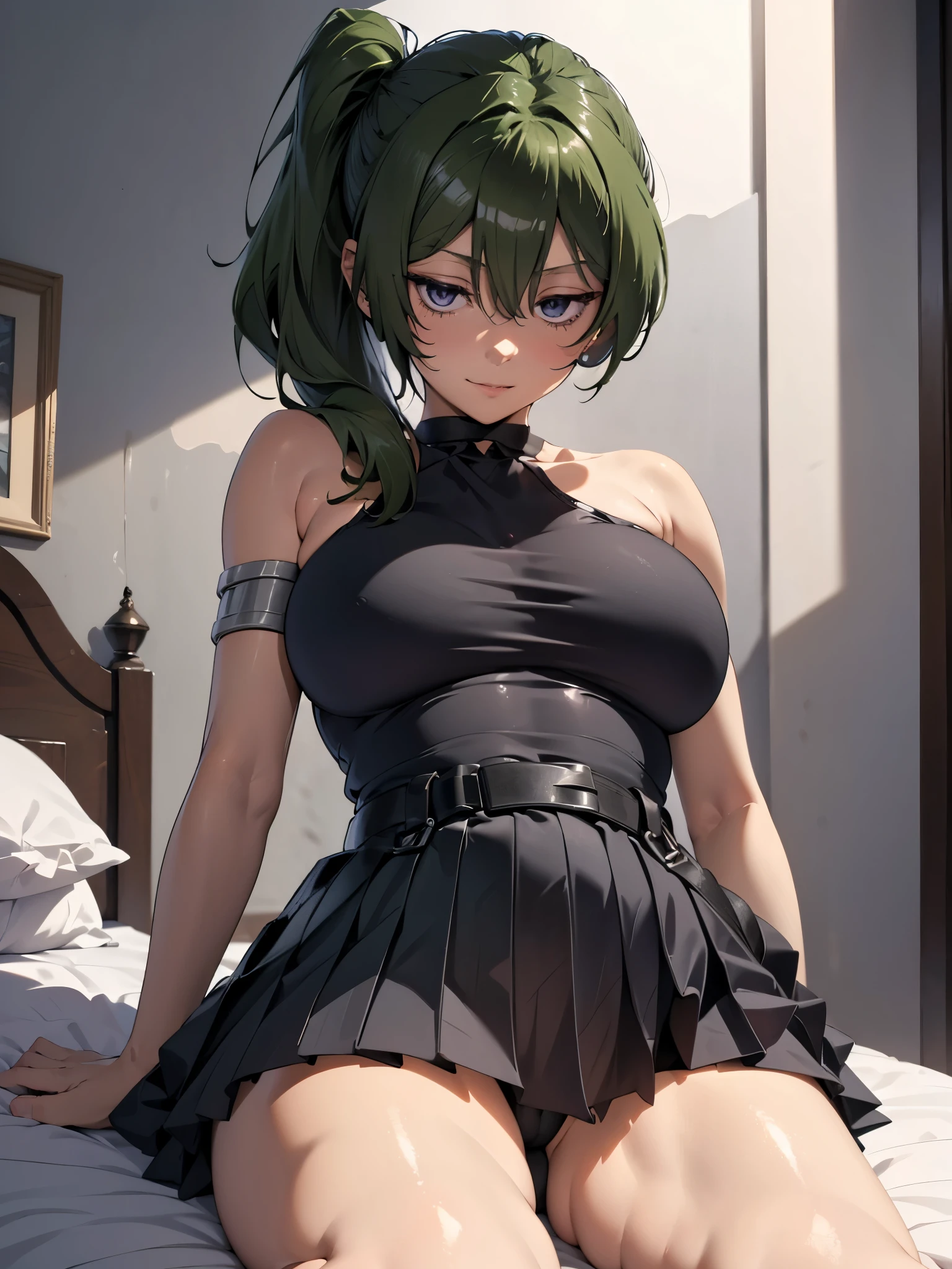 (original character, unity 16K wallpaper, masterpiece, best quality, ultra-detailed, extremely detailed cg, caustics, cinematic lighting, beautiful detailed eyes, solo, sexy woman), detailed body, perfect anatomy, expressive eyes, perfect face, a drawing of a girl with a ponytail sitting on her feet, beautiful anime girl lying on stomach, (seen from front), (seen from below:1.3), seductive anime girl, wearing black onsieskirt, cool pose, dynamic pose, anime style, anime artstyle, the anime girl is lying down, pigtail, thicc, clean detailed anime art, in an anime style, cute art style, anime art style, beautiful anime art style. simple background, Medieval background ,bedroom background, fantasy background ,atmospheric background.