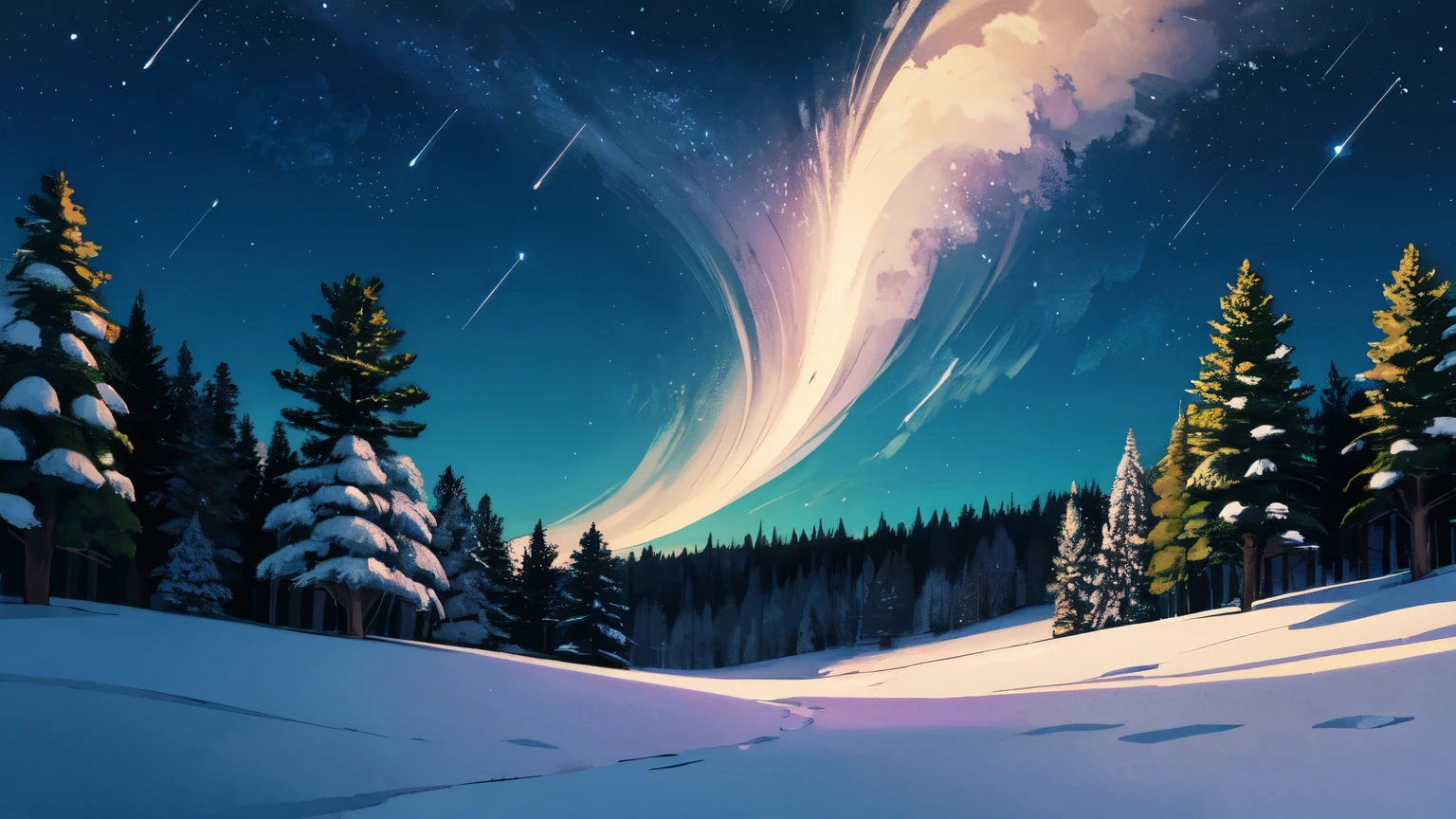 winter forest, night, stars in the sky