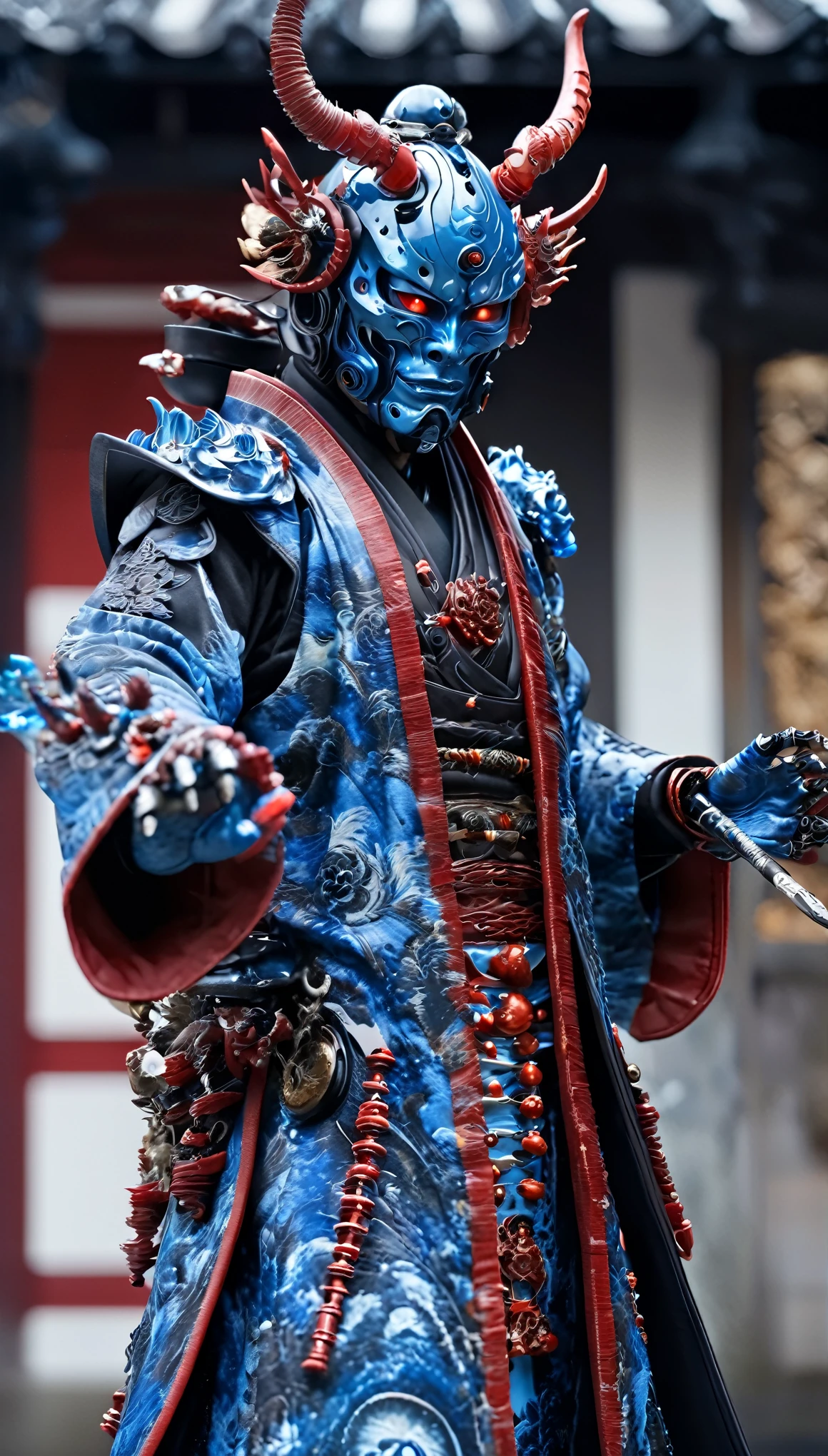 １３century、A blue cyborg samurai-like creature wearing a Hannya mask.、eyes are shining、long coat、(black and red)、FW Murano style, vibrant color blast, whole body、incredibly detailed, dark, Key Visual, in the atmosphere, Attack the enemy、very realistic, high detail texture, ray tracing