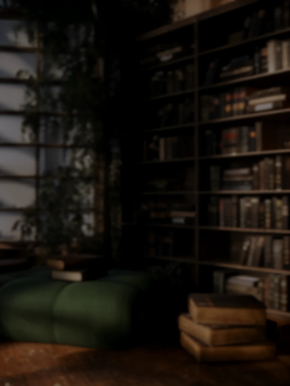 There is a cat sitting on a chair in the room, alchemist library background, library background, tilt shift library background, blurry background of the library, library interior background, gloomy library, dusty library, personal room background, magical library bokeh, in a gloomy library, some background blur, Realistic cinematic rendering, dark library, Detailed architectural visualization renderings, background = library