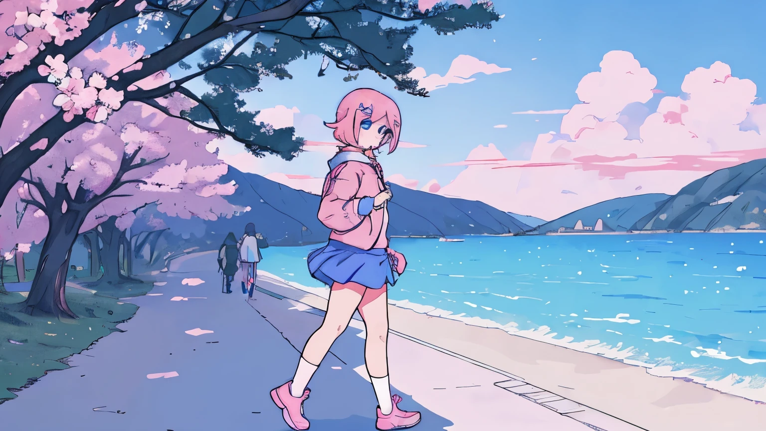 outdoors anime girl short pink hair pink hoodie choker hairclip blue eyes blue skirt white shoes white legwear walking sad sideways